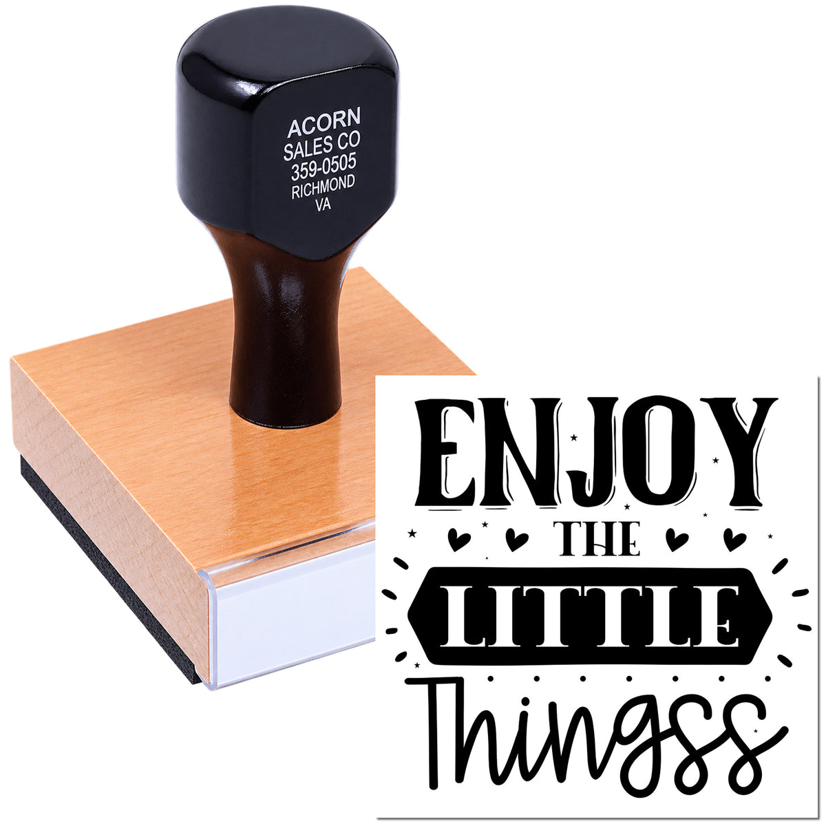 Custom rubber stamp with Enjoy the Little Things quote for handmade cards, packaging, and craft projects.