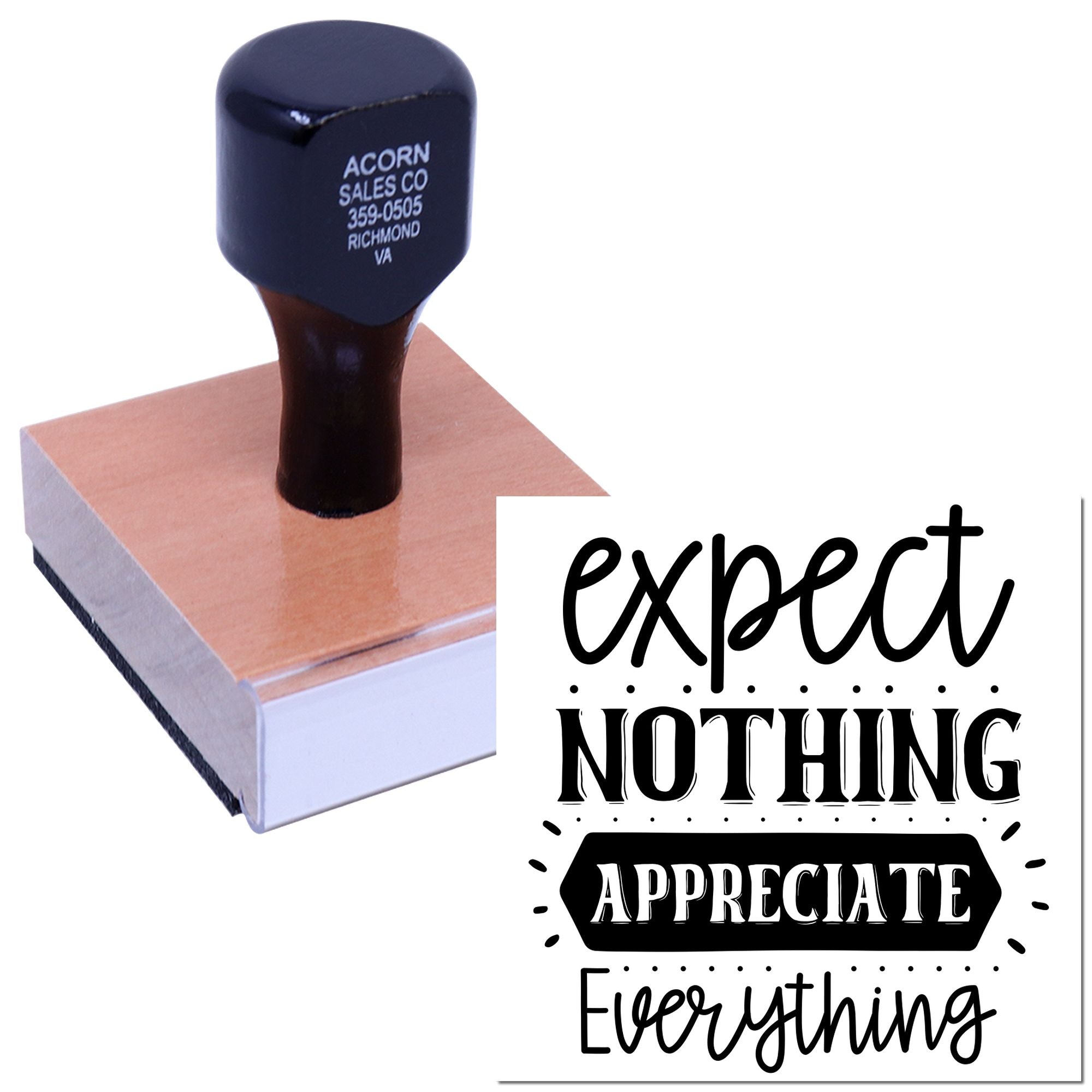 Custom rubber stamp with Expert at nothing, appreciate everything design on a self-inking stamp block.