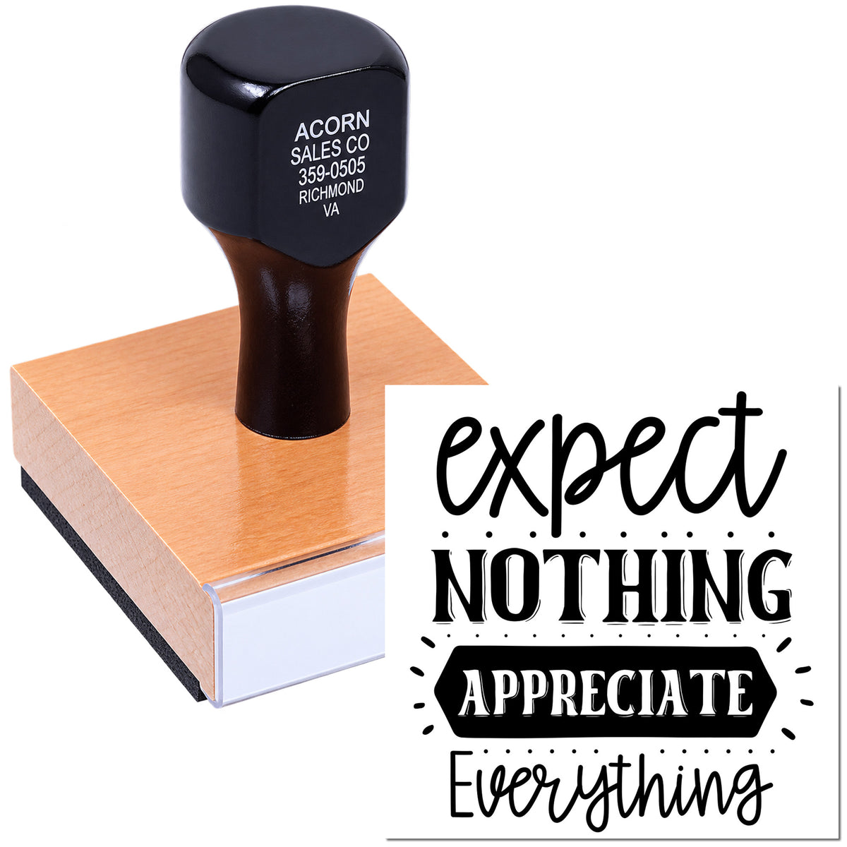Custom rubber stamp with Expert at nothing, appreciate everything design on a self-inking stamp block.