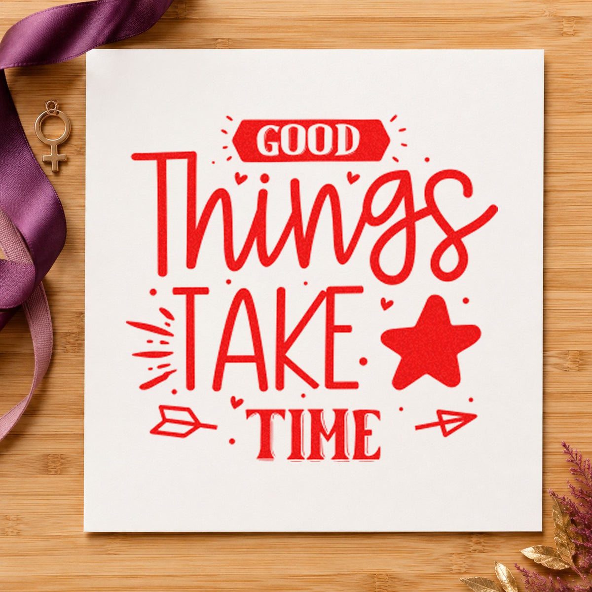 Good Things Take Time Star craft stamp imprint in red ink on a handmade project, one idea being tasting note cards.