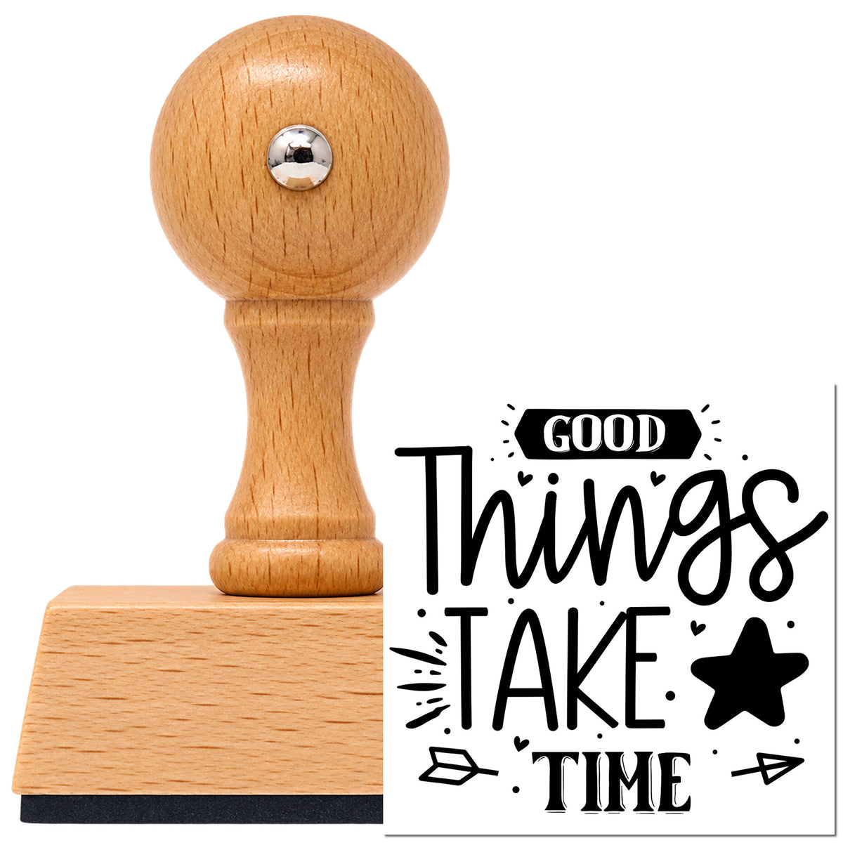 Good Things Take Time Vintage Pro rubber stamp in European beech wood with a round knob handle, shown beside its black imprint.