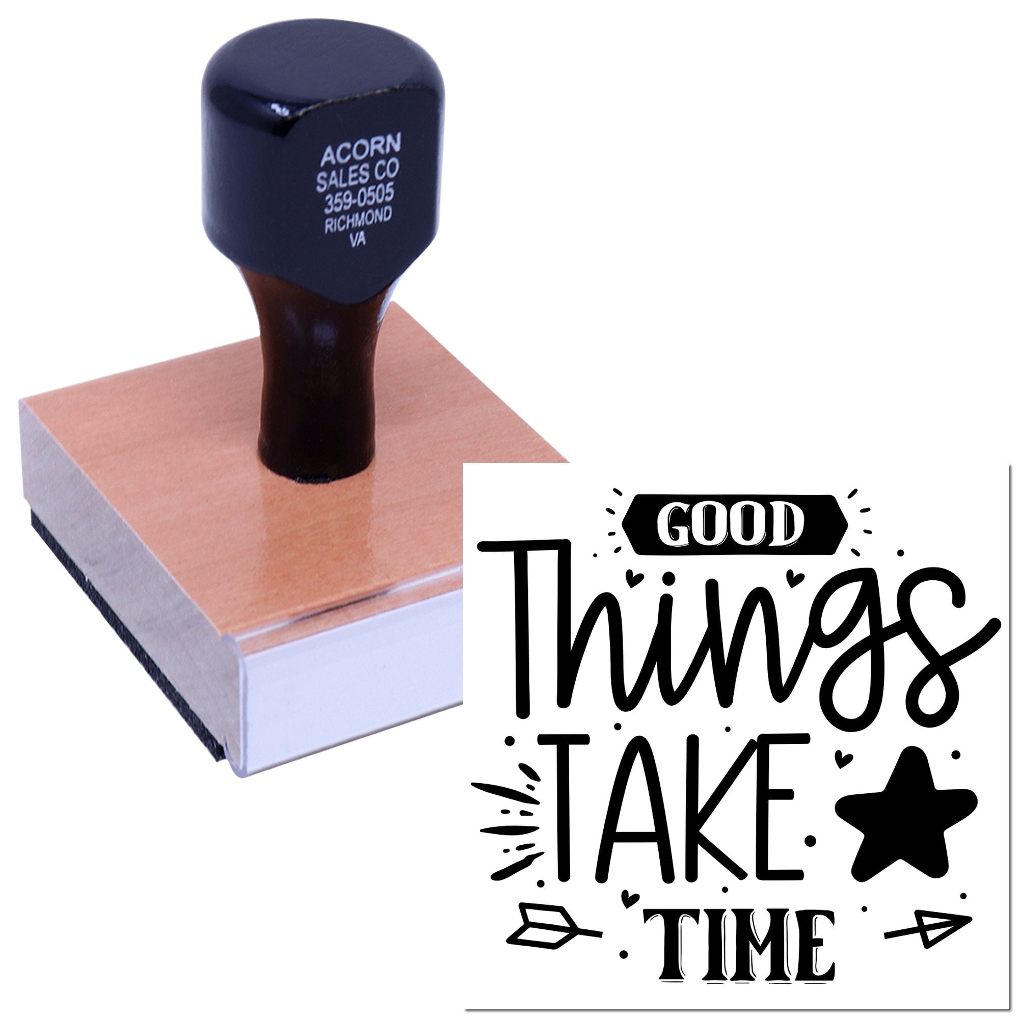 Custom rubber stamp with Good Things Take Time design for branding, packaging, or handmade business use.