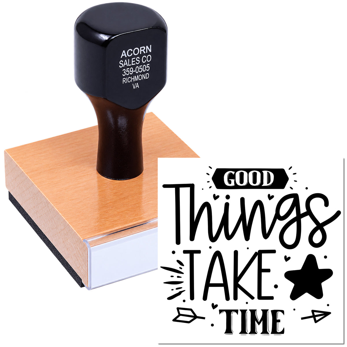Custom rubber stamp with Good Things Take Time design for branding, packaging, or handmade business use.
