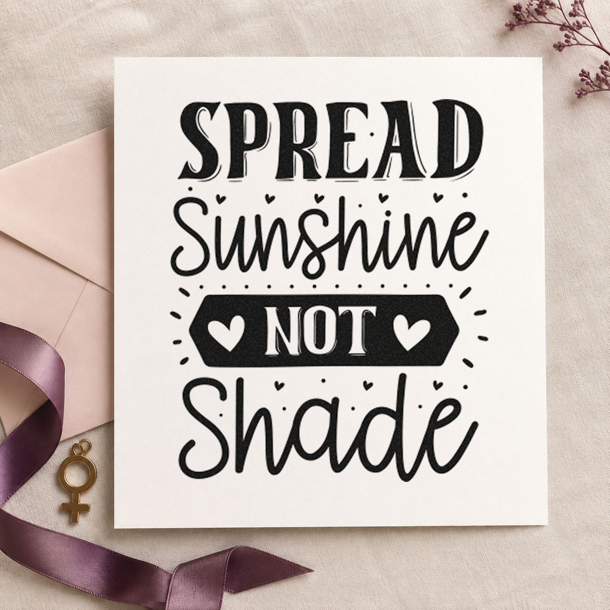 Spread Sunshine Not Shade Hearts rubber stamp printed in black ink, ready for ray banner cards and similar paper crafts.