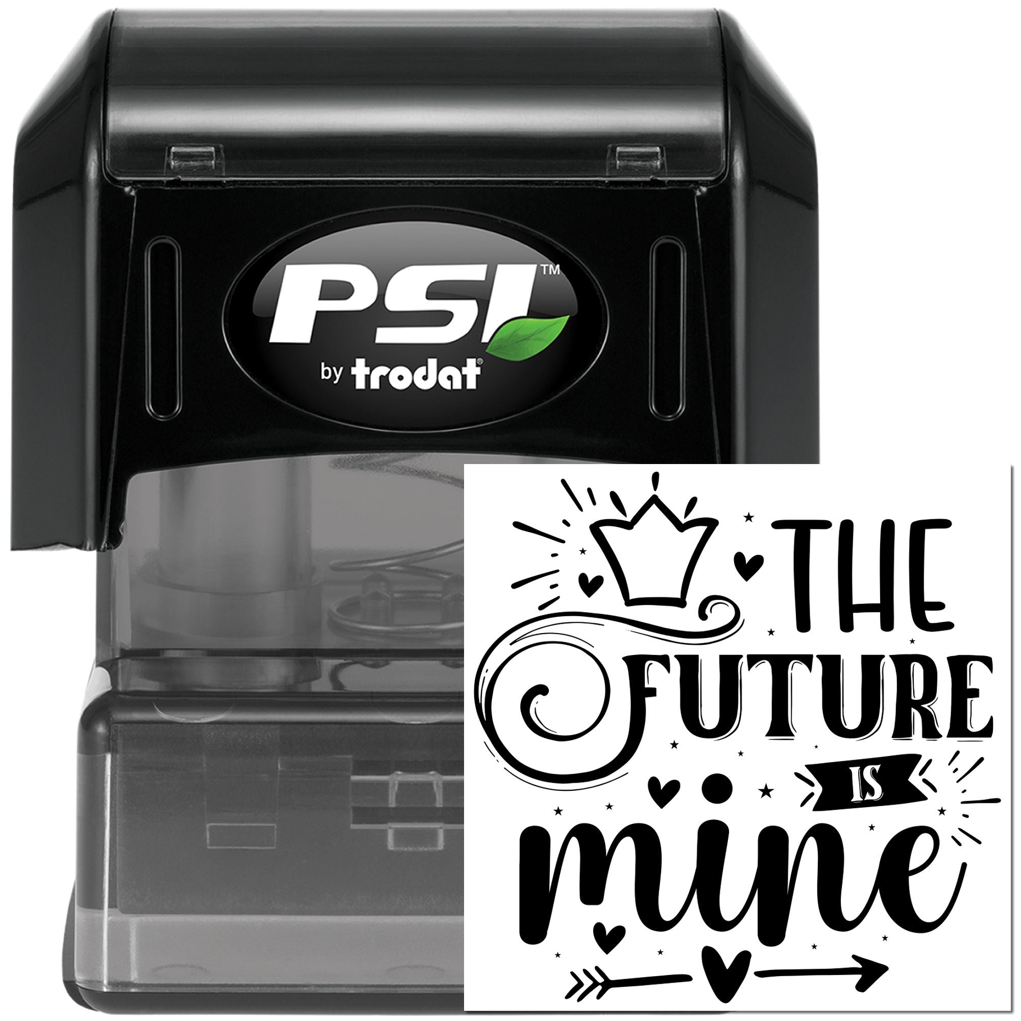 Custom self-inking rubber stamp by PSI Trodat featuring The Future Is Mine design for personalized craft and message stamping.