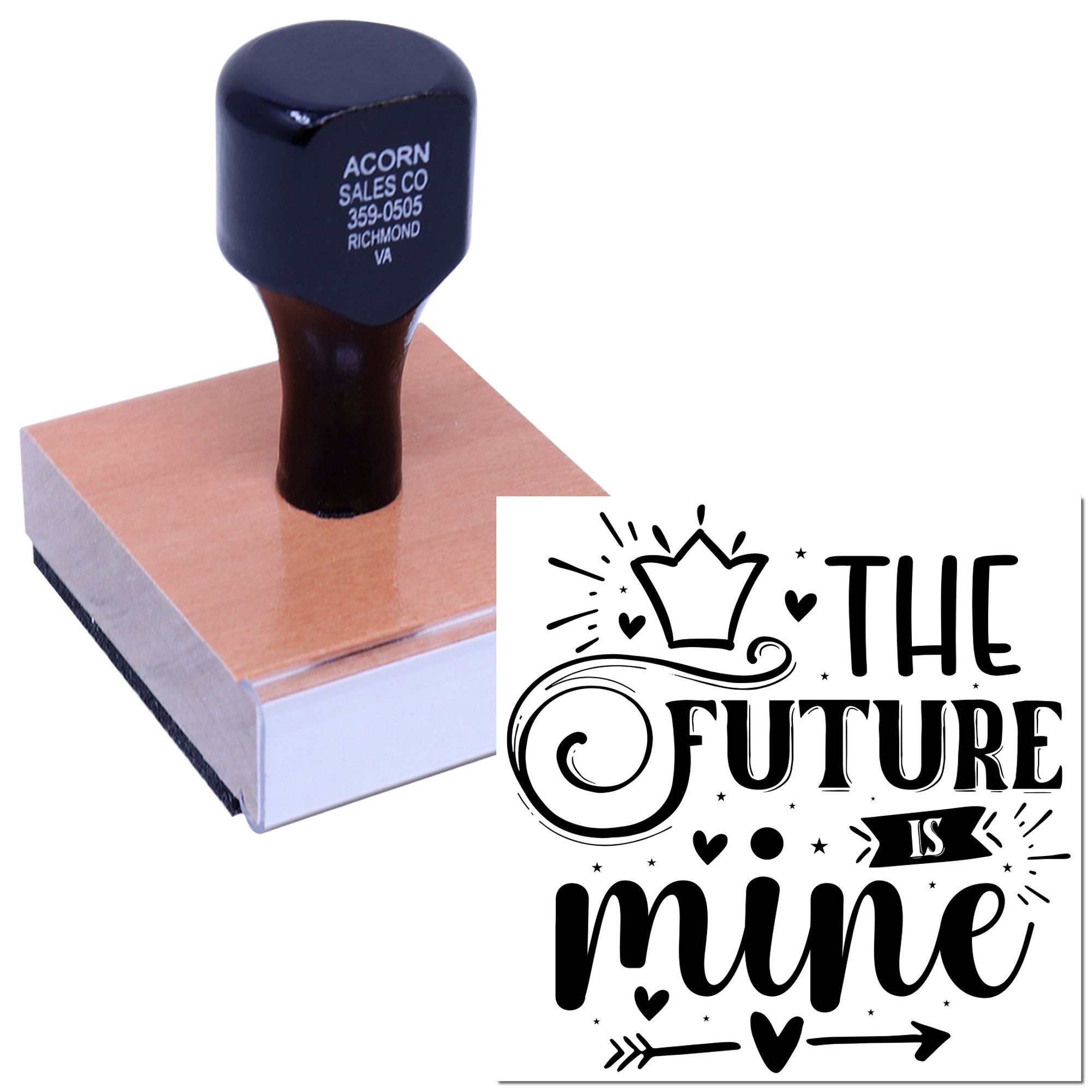 Custom rubber stamp featuring The Future Is Mine design, shown on a wooden block for inspirational crafting.