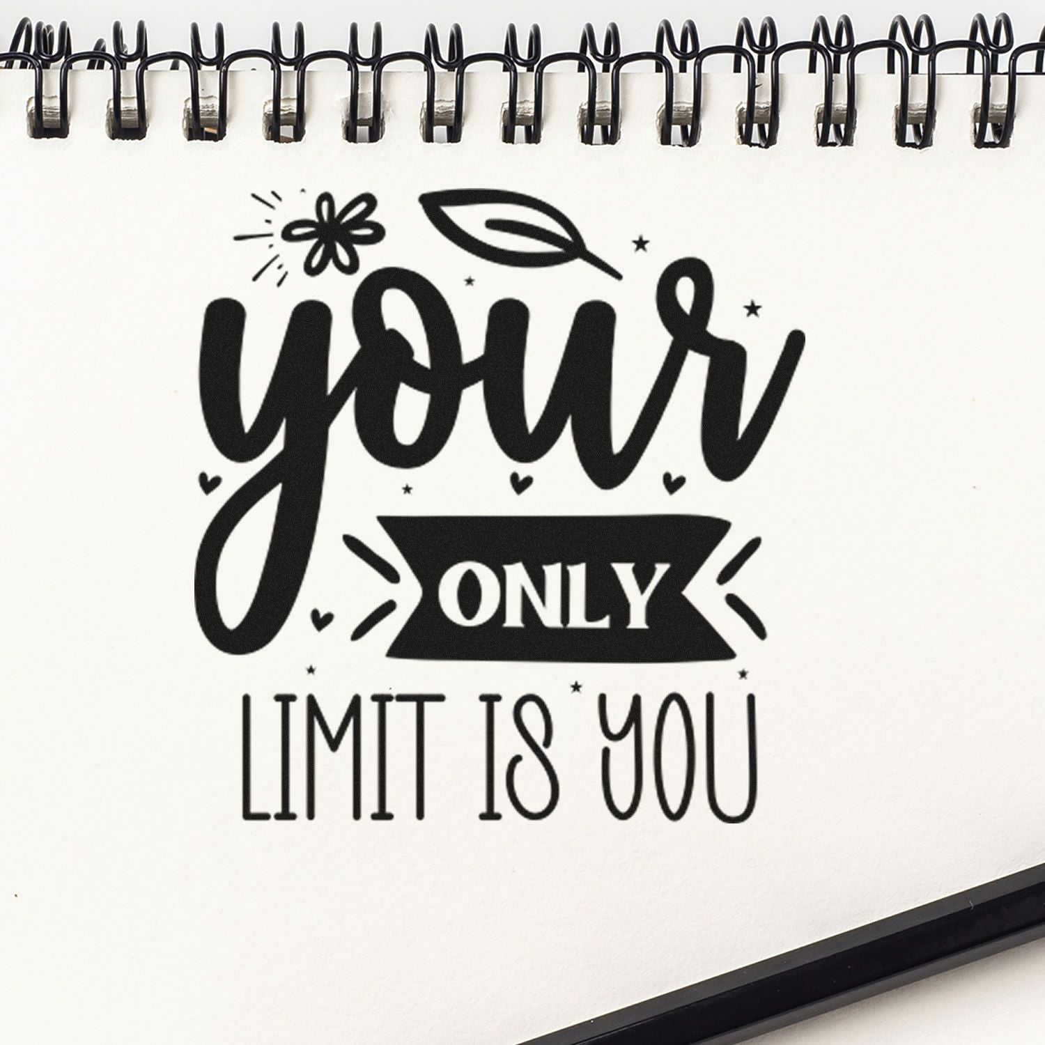 Motivational rubber stamp design reading Your Only Limit Is You with floral and leaf accents for crafting and journaling.