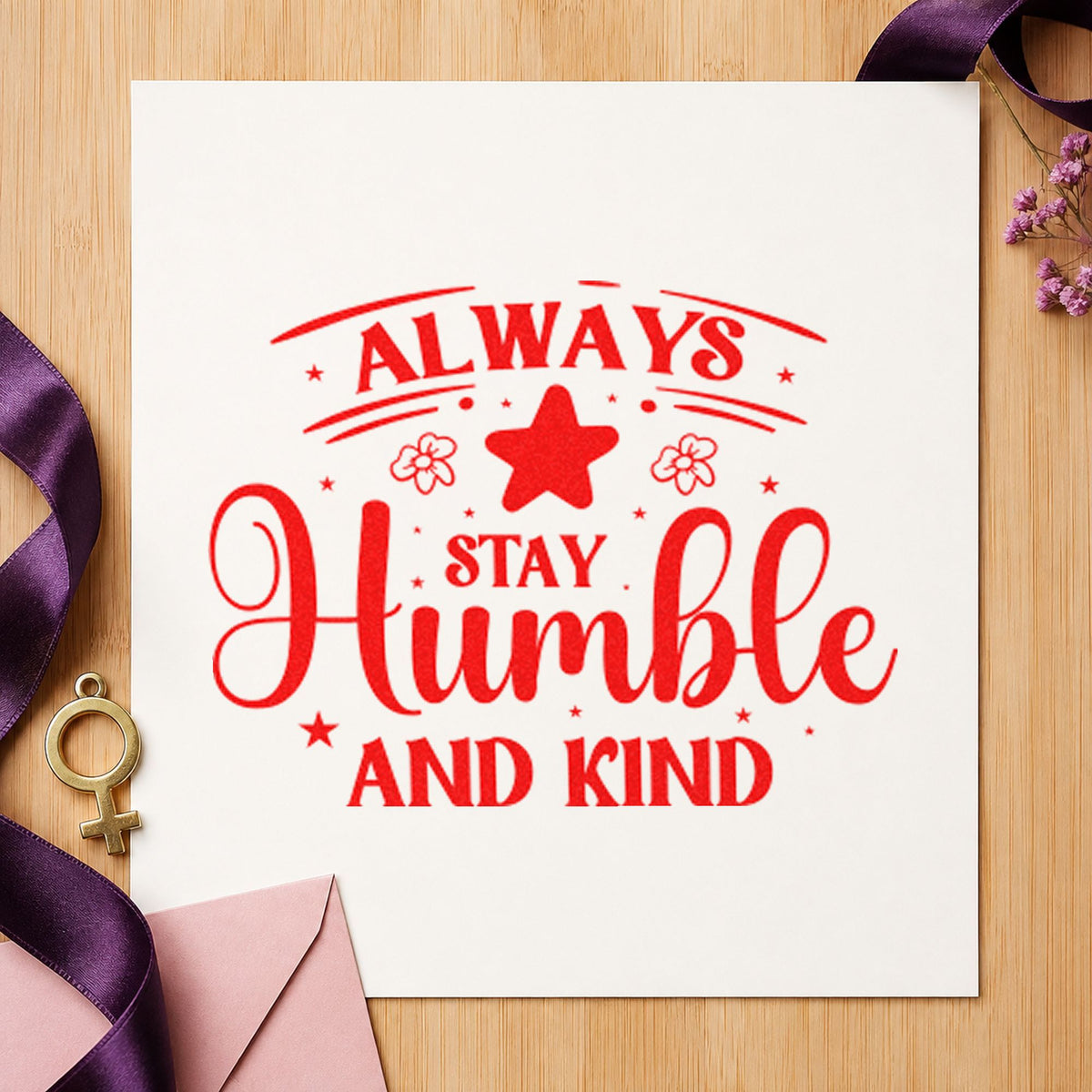 Always Stay Humble Kind Flowers rubber stamp shown in red ink, stamped for projects such as hook bridle labels.