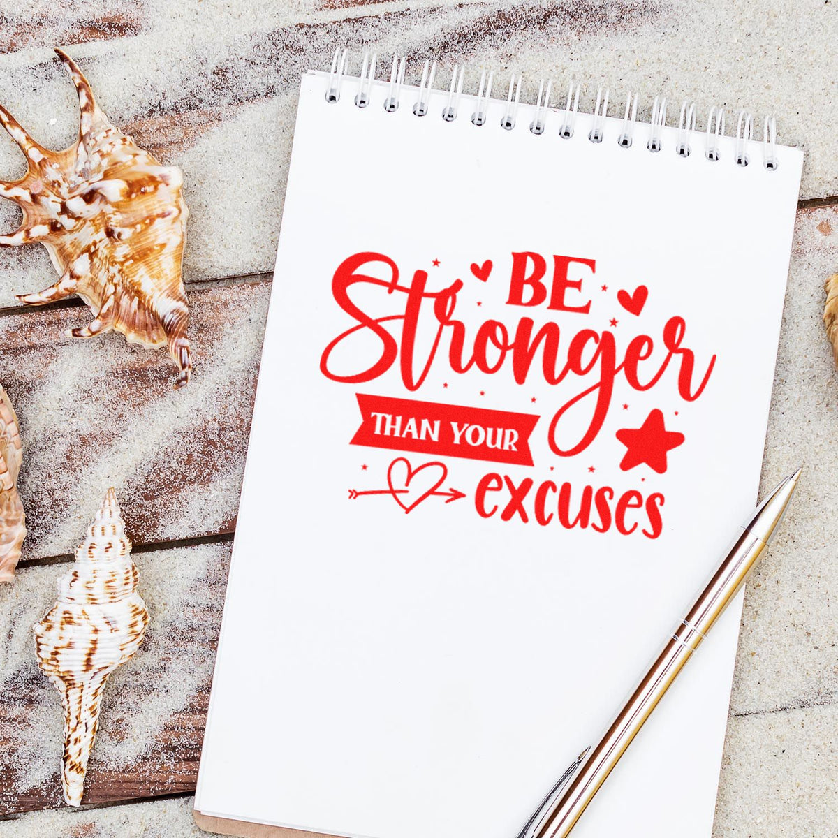 Be Stronger Than Your Excuses Star rubber stamp shown in red ink, stamped for projects such as commute album page.
