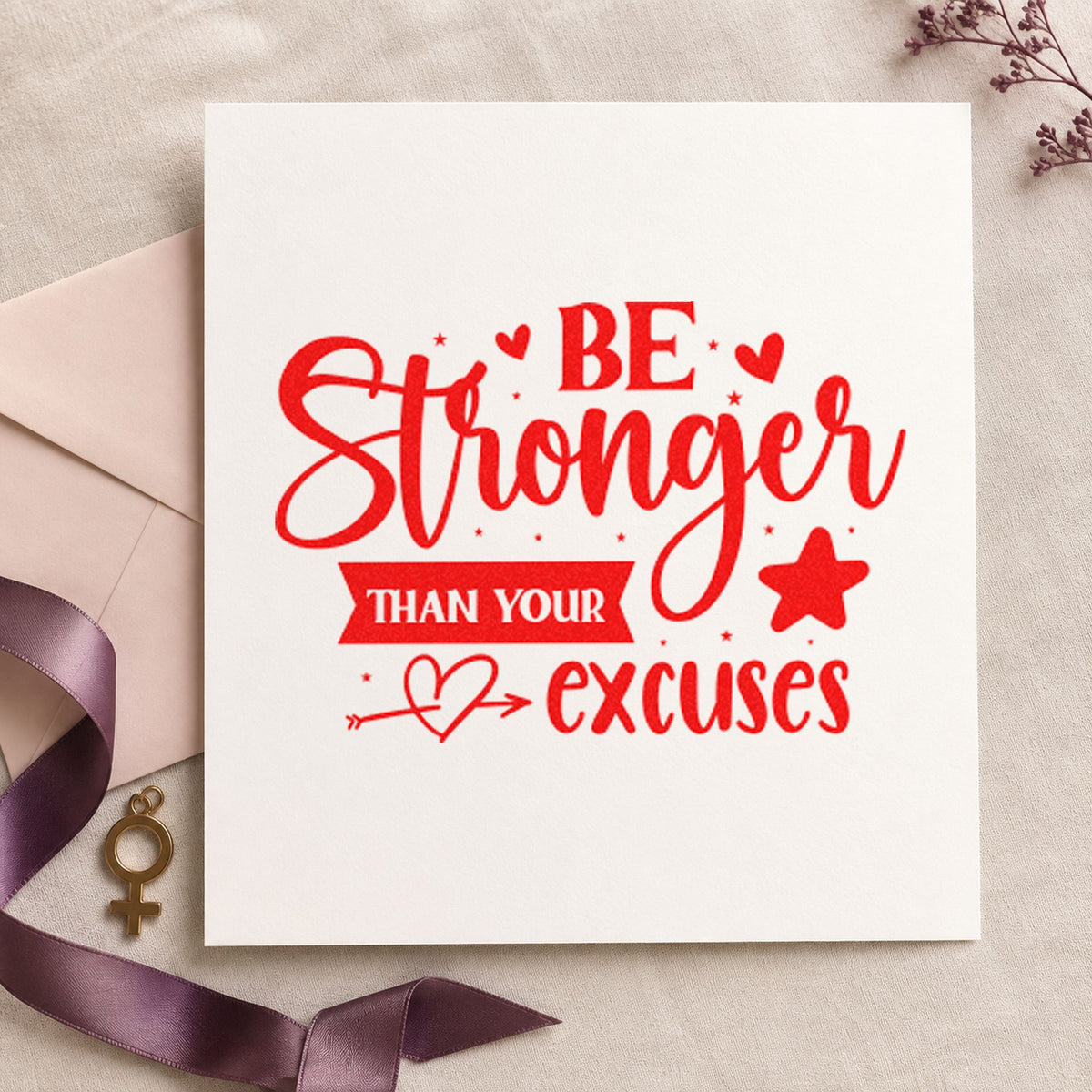 Be Stronger Than Your Excuses Star craft stamp imprint in red ink on a handmade project, one idea being route note cards.