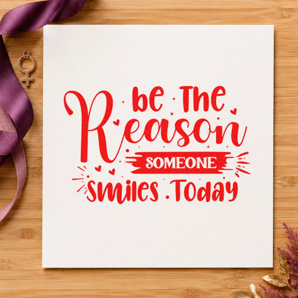 Reason Someone Smiles Today Brush craft stamp imprint in red ink on a handmade project, one idea being blank note cards.