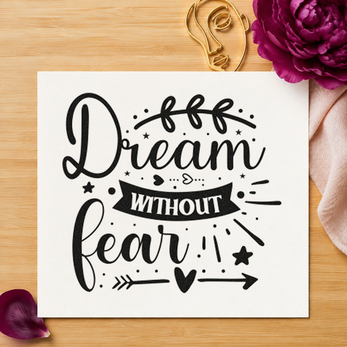 Dream Without Fear Leaf Arrow craft stamp in black ink on cardstock, an easy option for bee season album page.
