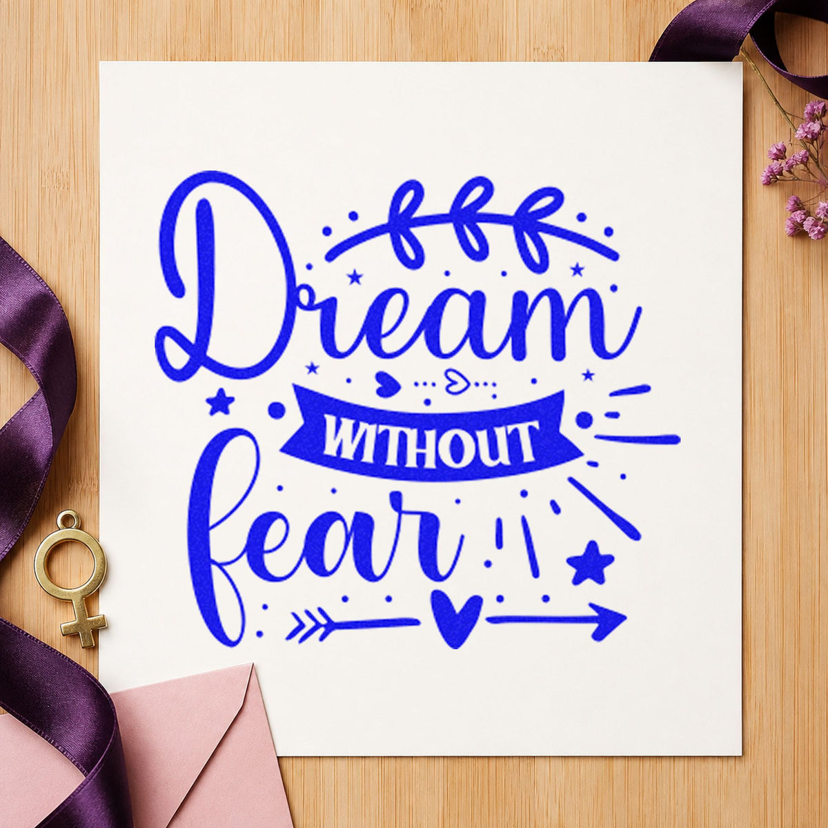 Dream Without Fear Leaf Arrow craft stamp in blue ink on cardstock, an easy option for pencil case printing.