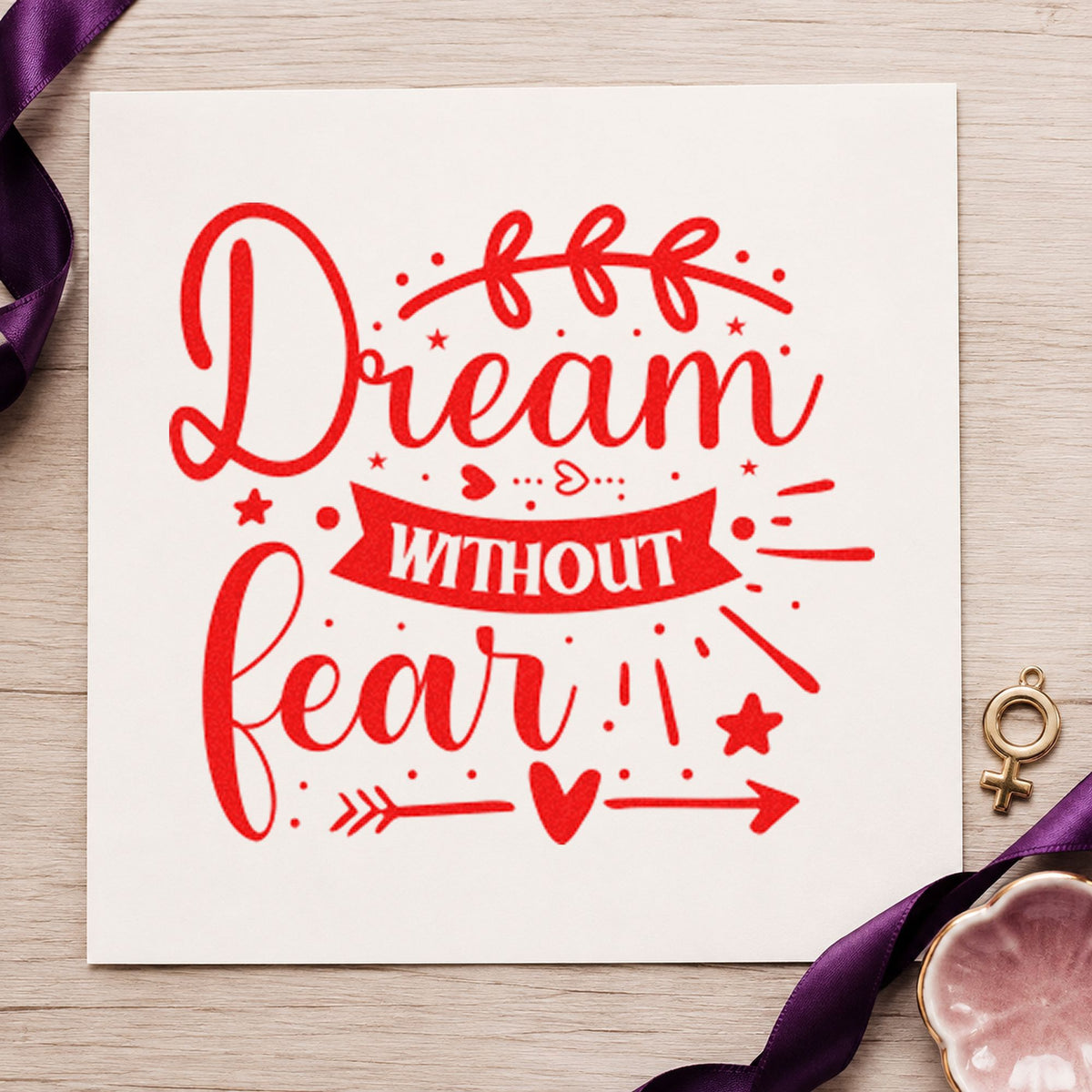 Dream Without Fear Leaf Arrow craft stamp imprint in red ink on a handmade project, one idea being round prep cards.