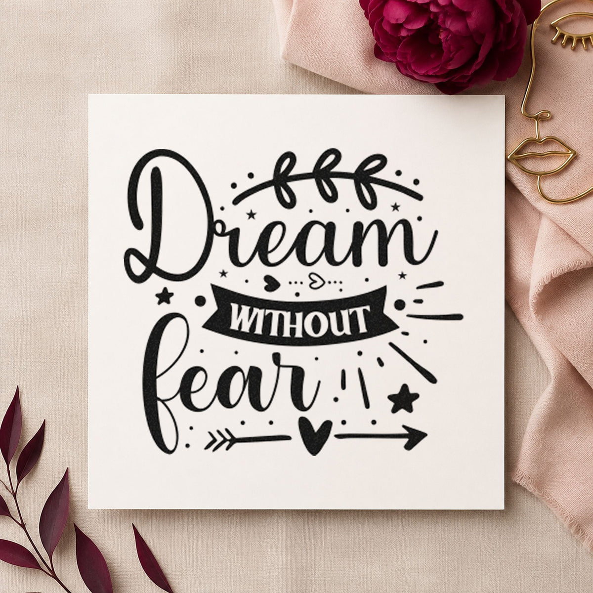 Dream Without Fear Leaf Arrow rubber stamp printed in black ink, ready for leafy curve cards and similar paper crafts.