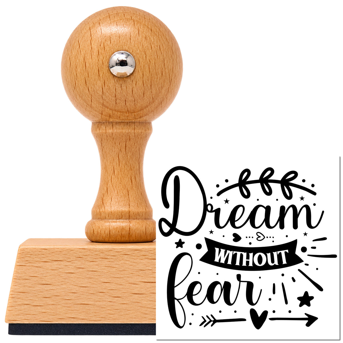 Dream Without Fear Leaf Arrow Botanical Sprig Vintage Pro rubber stamp in European beech wood with a round knob handle, shown beside its black imprint.