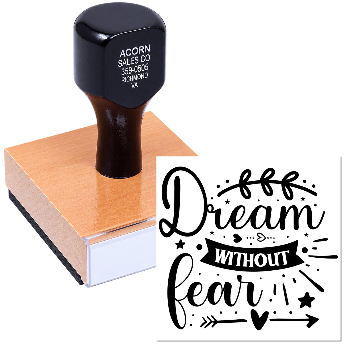 Custom rubber stamp with Dream without fear design for motivational crafts, branding, and handmade business packaging.