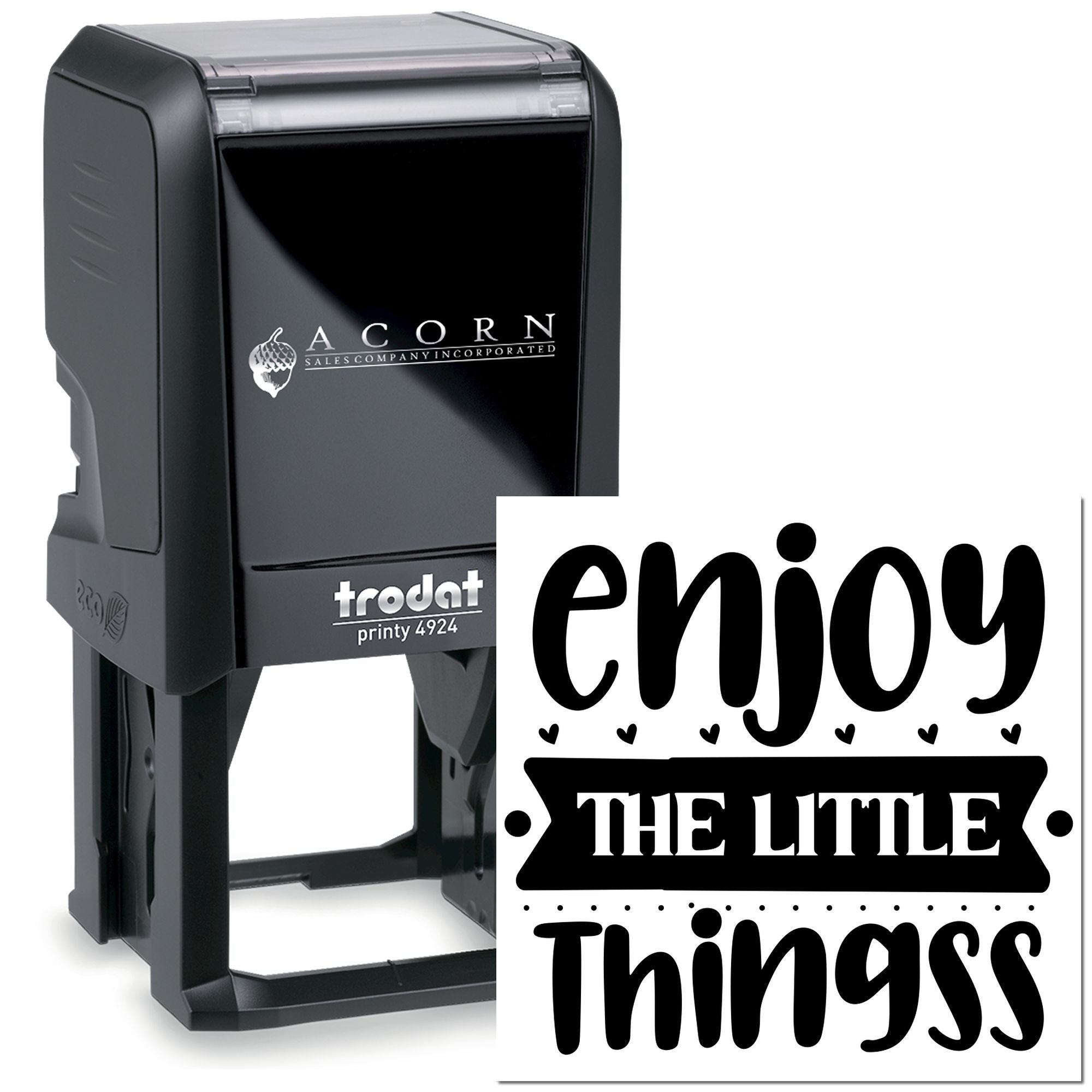 Trodat self-inking rubber stamp with Enjoy the Little Things design for custom inspirational stamping