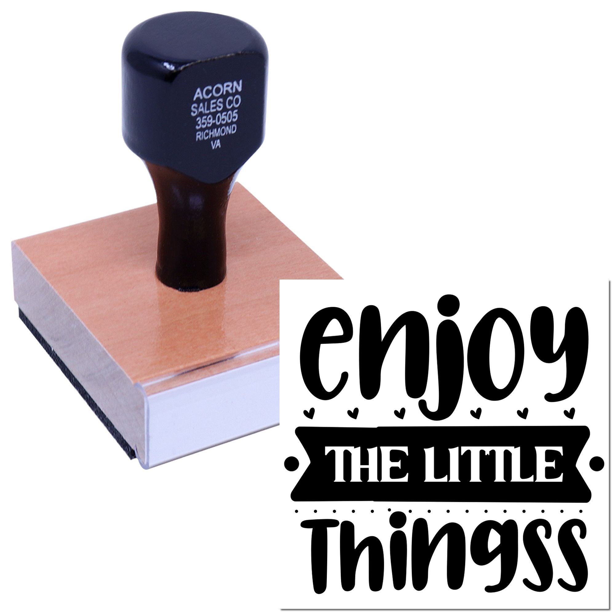 Wooden mounted custom rubber stamp with Enjoy the Little Things design for handmade cards, packaging, and crafts.