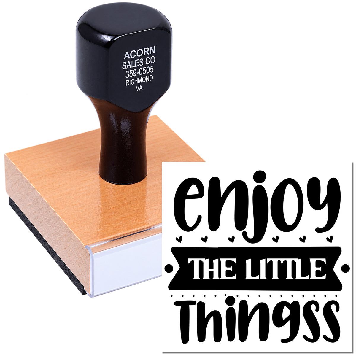 Wooden mounted custom rubber stamp with Enjoy the Little Things design for handmade cards, packaging, and crafts.