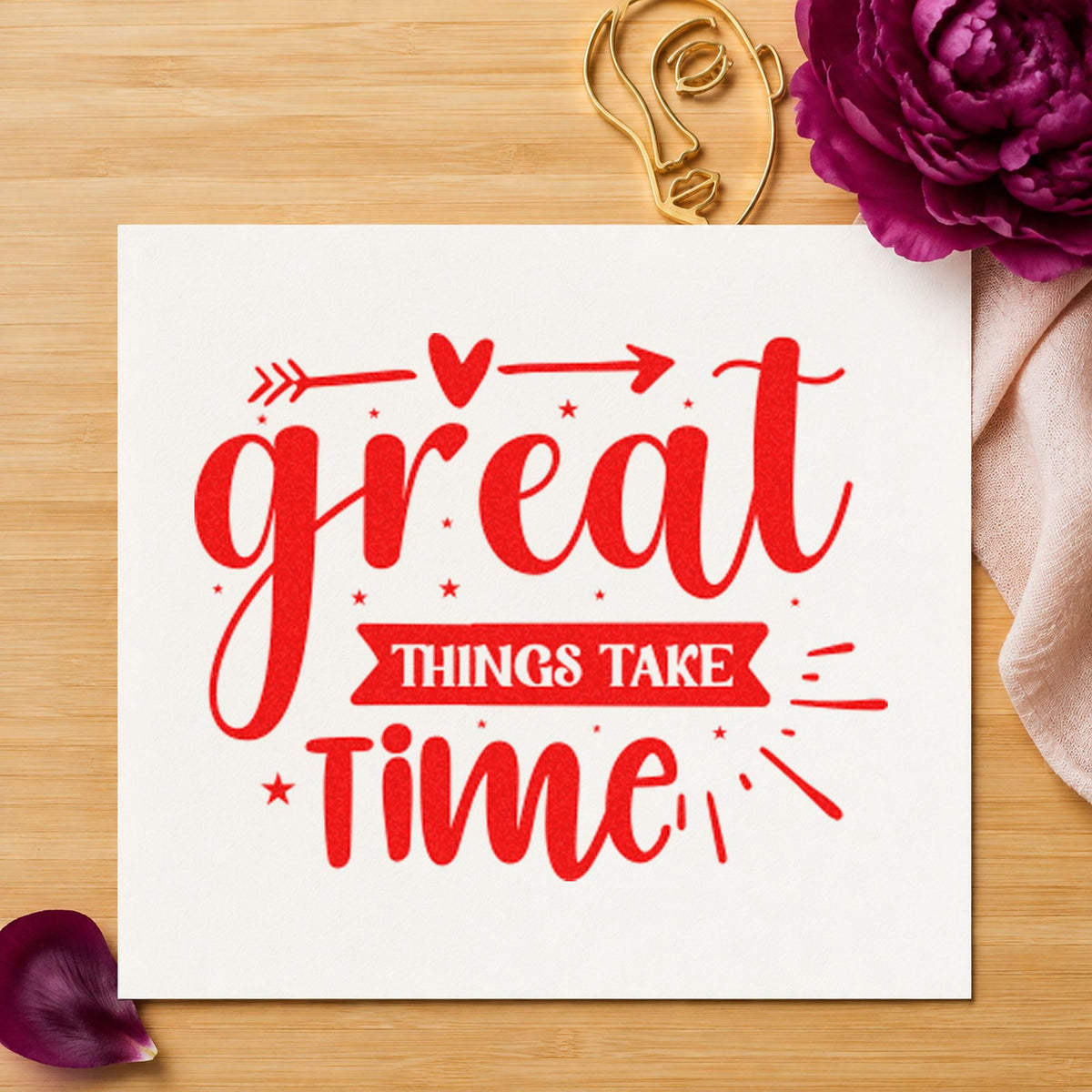 Great Things Take Time Arrow With Stars Pre-Inked Stamp – Slim in use 8