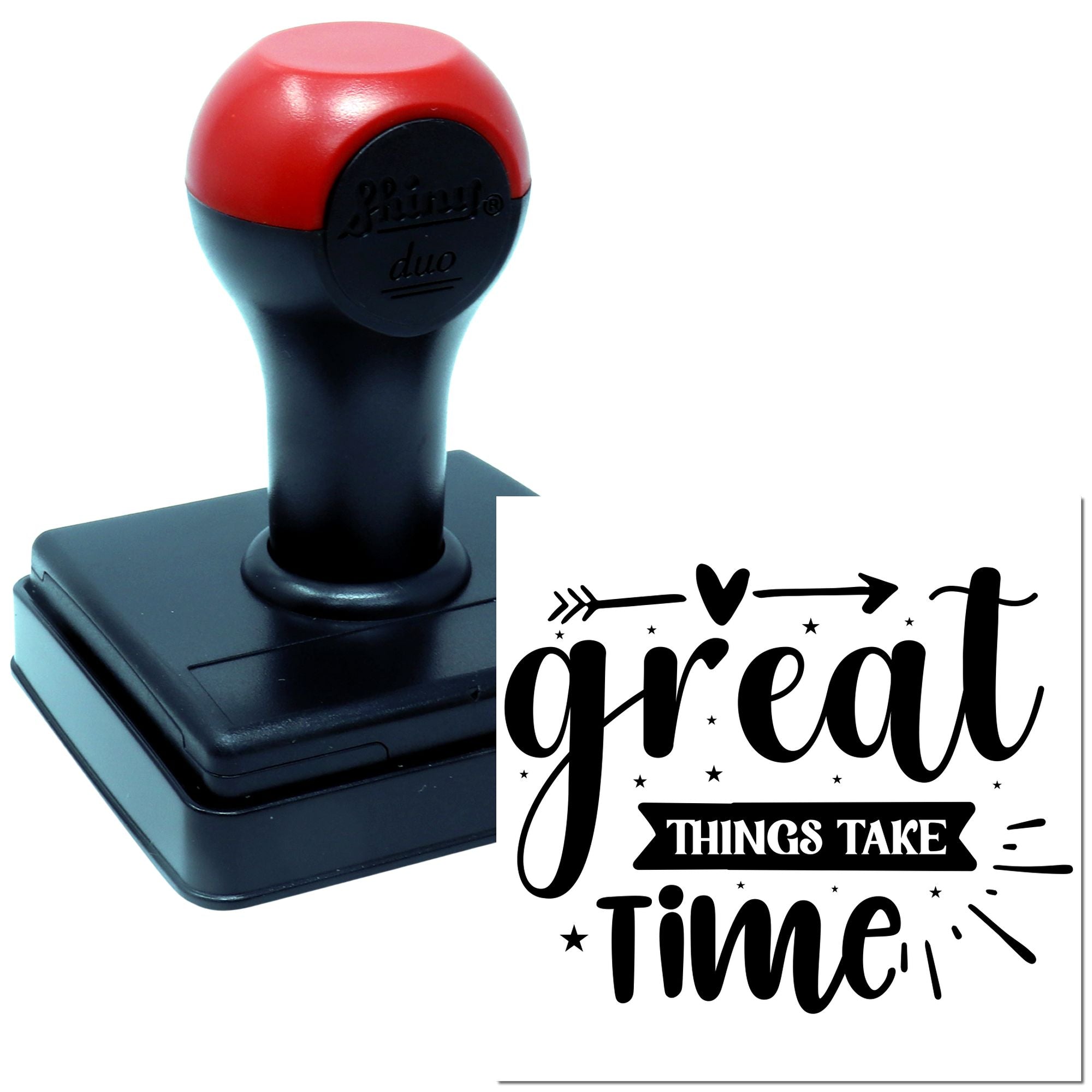 Self-inking rubber stamp with Great Things Take Time quote for handmade cards, crafts, and packaging.