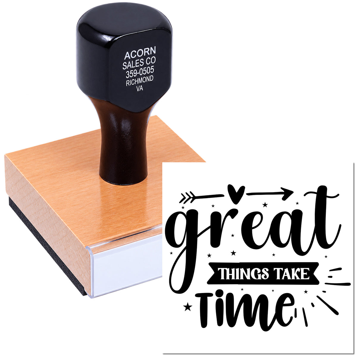 Custom motivational rubber stamp with Great things take time design on wooden block for crafting and handmade branding.