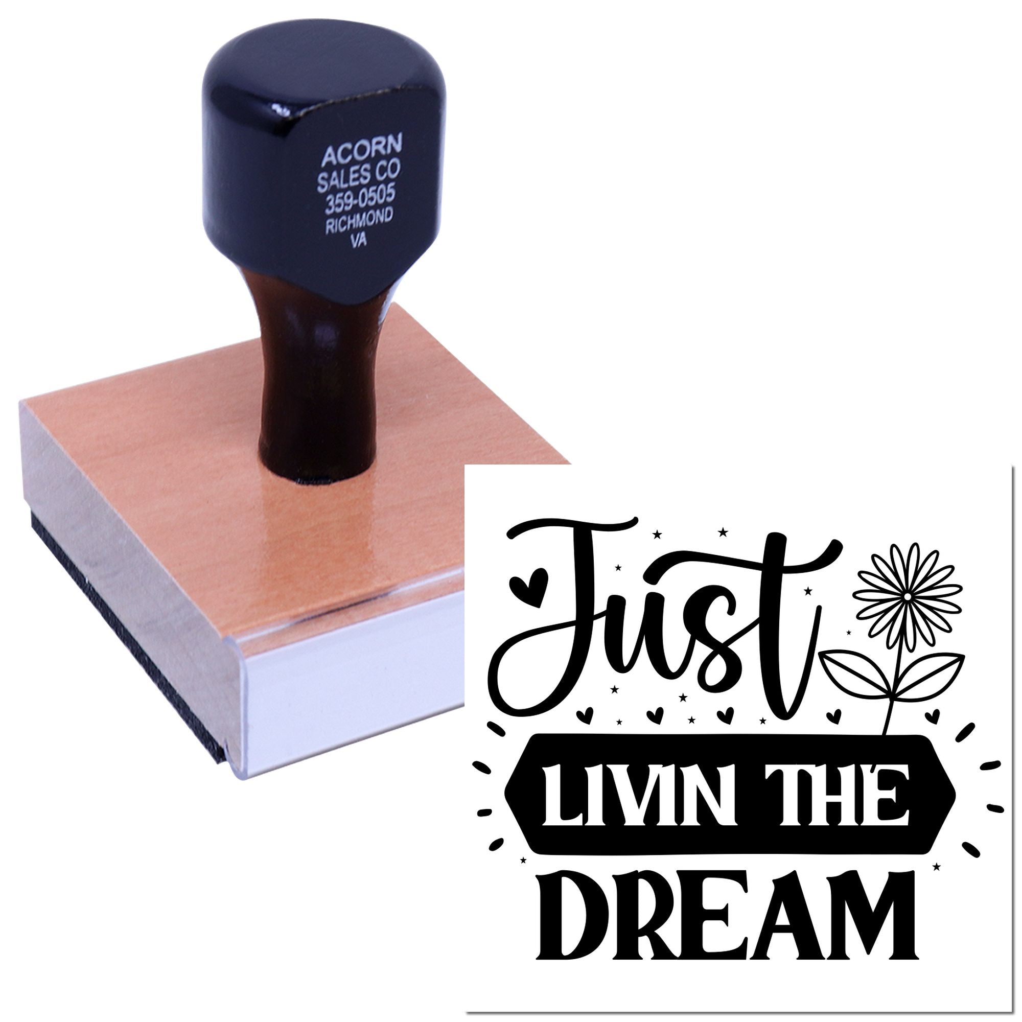 Personalized self-inking rubber stamp with Just Livin the Dream design for crafts, branding, and custom stamping.