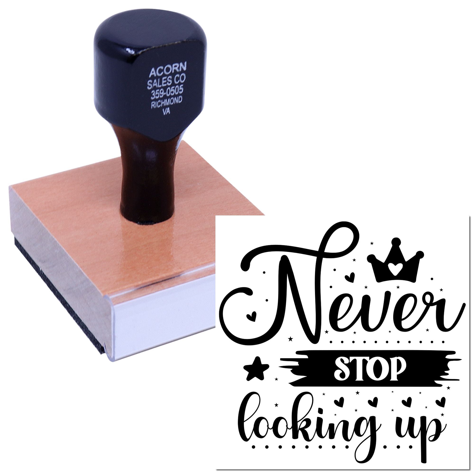Custom self-inking rubber stamp showing a Never stop looking up design for inspirational branding and craft projects.