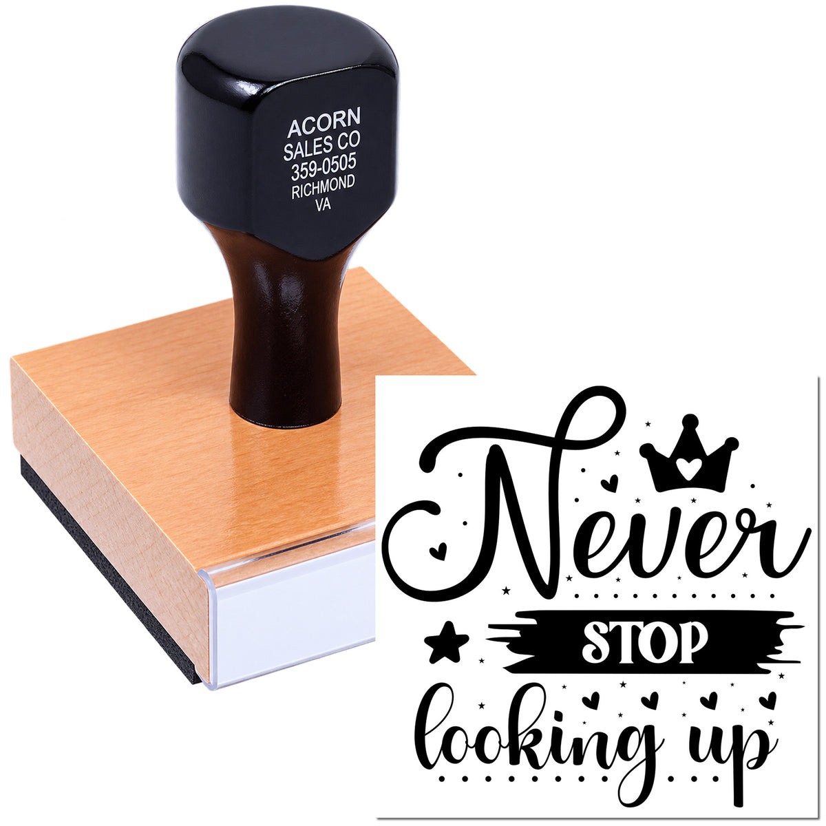 Custom self-inking rubber stamp showing a Never stop looking up design for inspirational branding and craft projects.