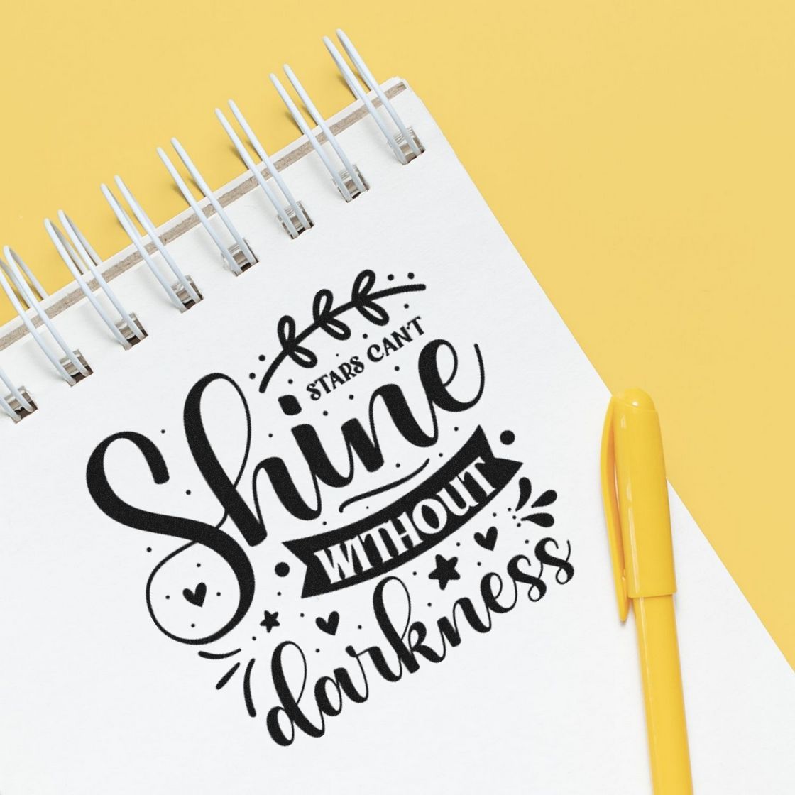Stars Can't Shine Without Darkness Premium Wood-Mounted Stamp - Vintage Pro imprint stamped in black ink. The phrase "Stars can't shine without darkness" appears with a leafy sprig, dark curved banner, stars, hearts, and rays.