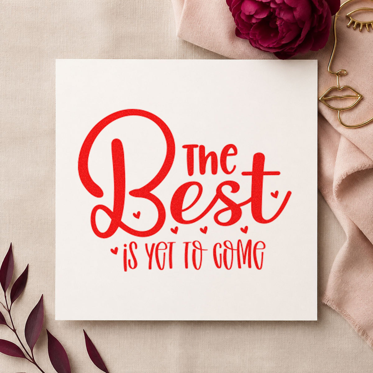 The Best Is Yet To Come craft stamp imprint in red ink on a handmade project, one idea being midnight wish cards.