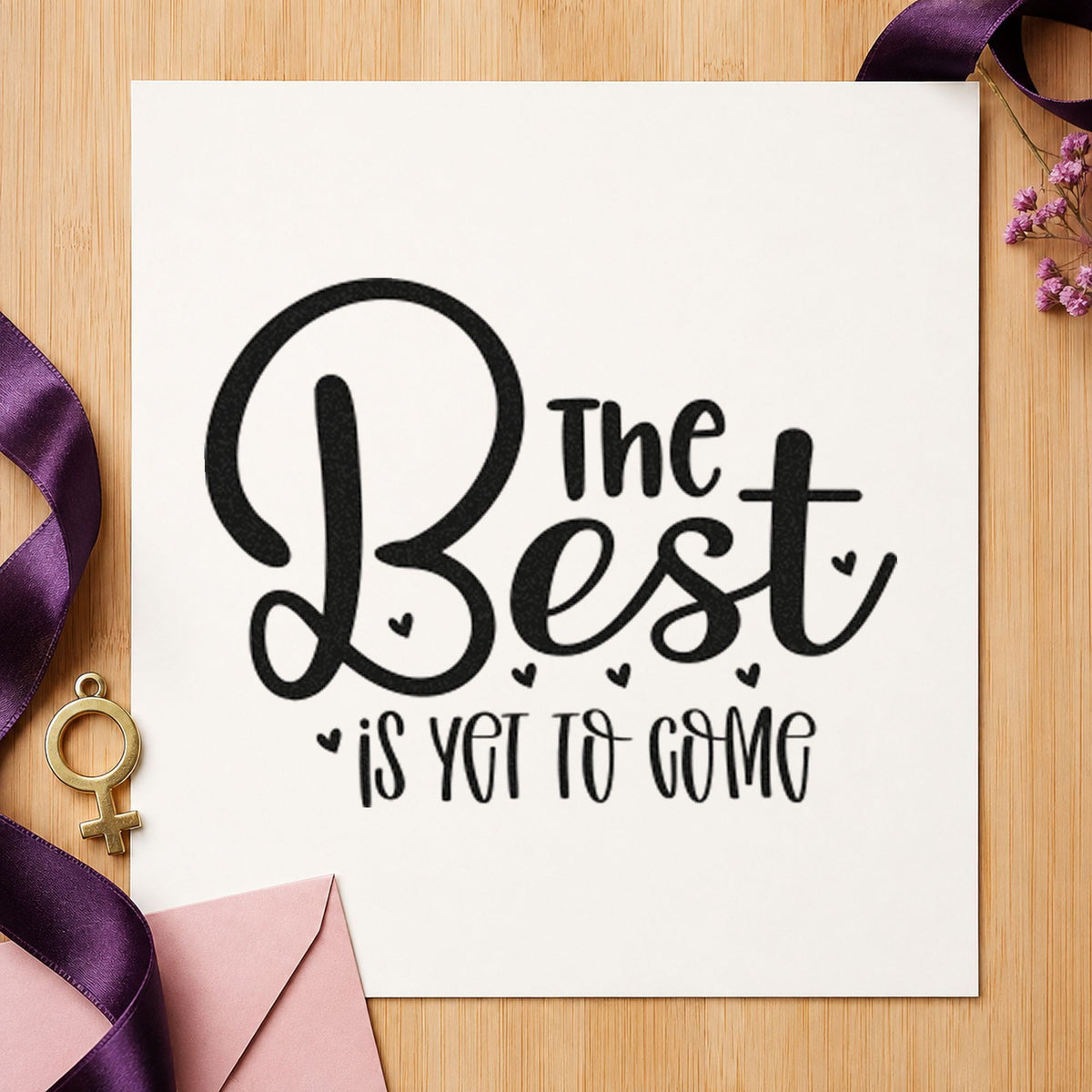 The Best Is Yet To Come rubber stamp printed in black ink, ready for small heart cards and similar paper crafts.