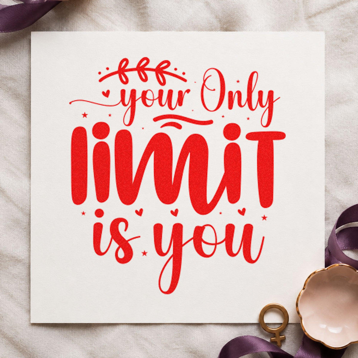 Your Only Limit Is You Leaves craft stamp imprint in red ink on a handmade project, one idea being move goal cards.