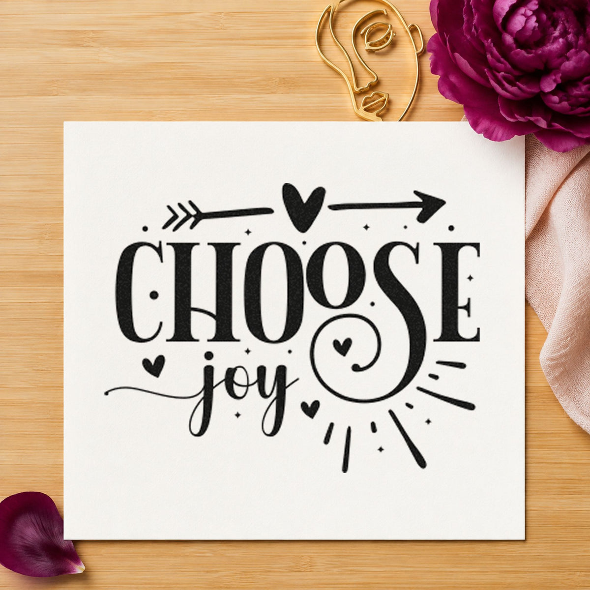 Choose Joy Heart Arrow craft stamp in black ink on cardstock, an easy option for shop year album page.
