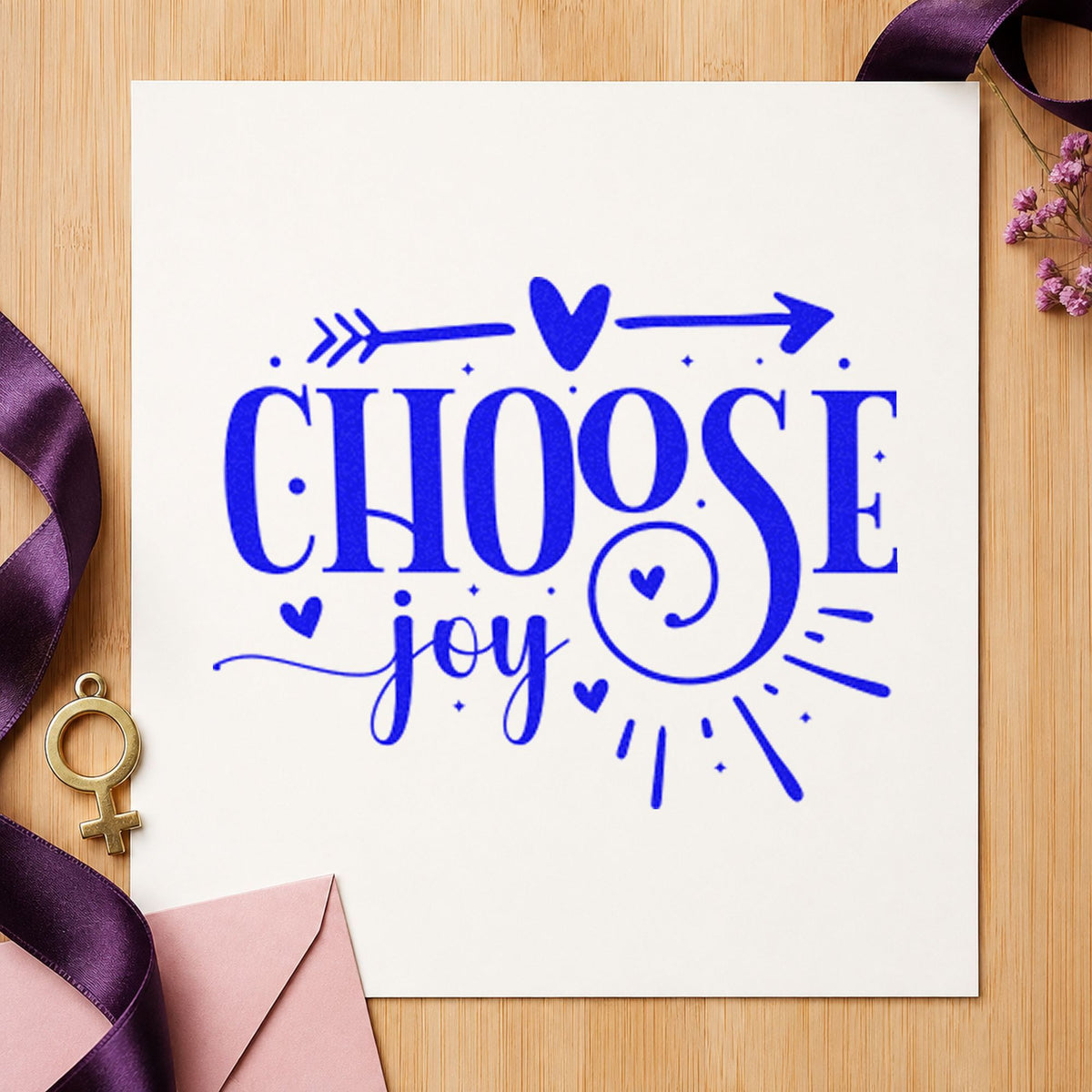 Choose Joy Heart Arrow craft stamp in blue ink on cardstock, an easy option for counter cloth printing.