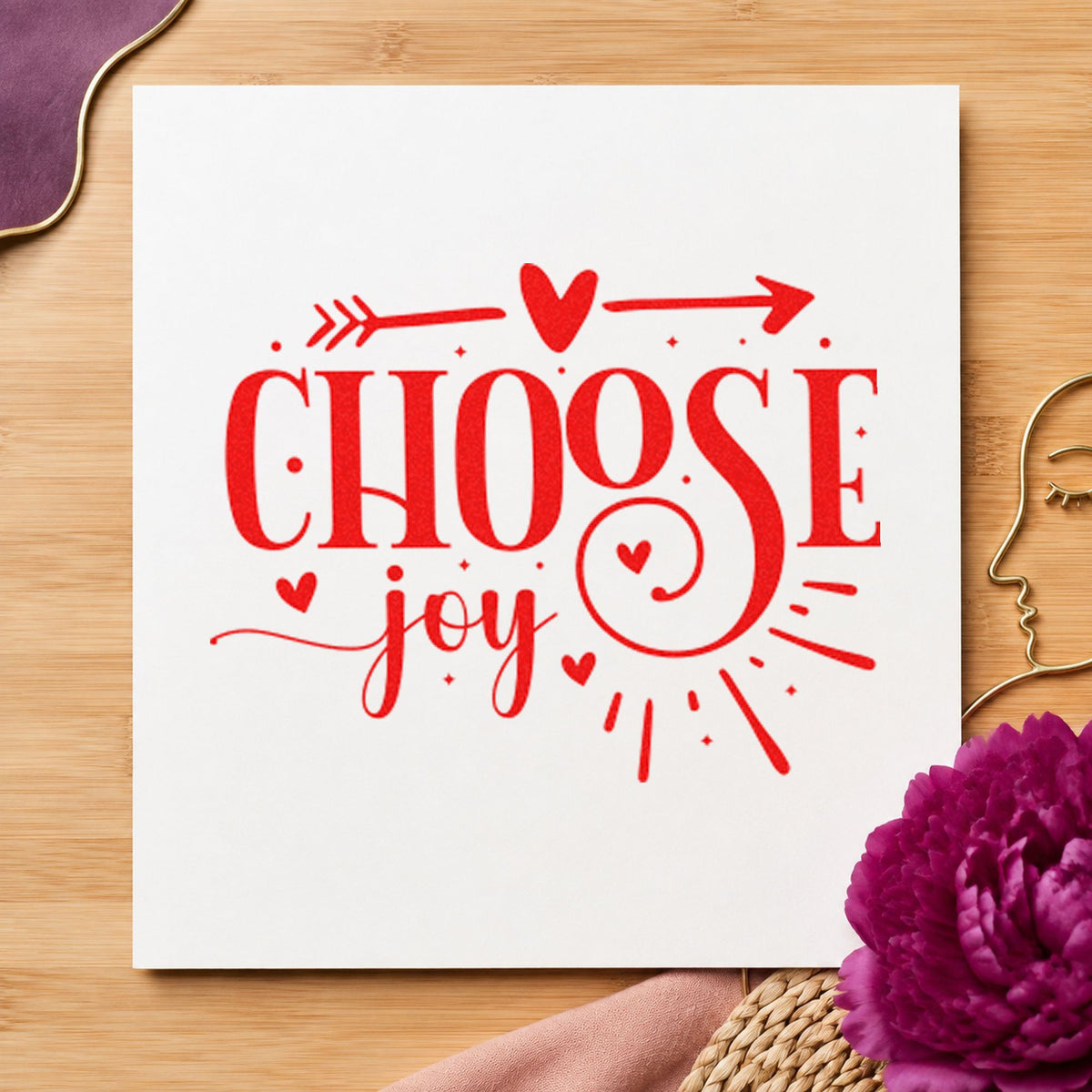 Choose Joy Heart Arrow rubber stamp shown in red ink, stamped for projects such as shelf age labels.