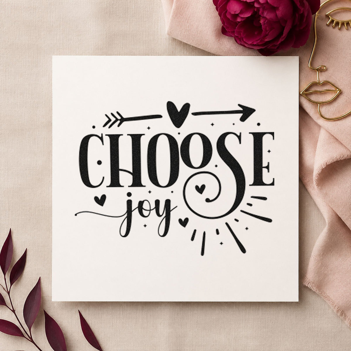Choose Joy Heart Arrow rubber stamp printed in black ink, ready for curled letter cards and similar paper crafts.