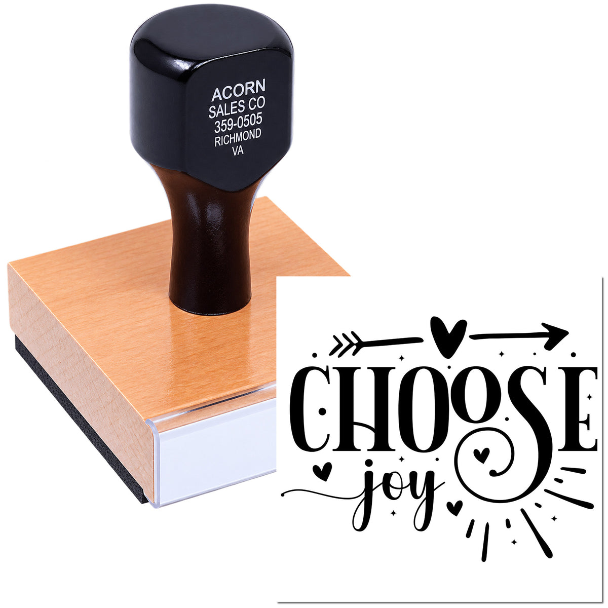 Custom rubber stamp with Choose Joy design for crafting, card making, and personalized projects.