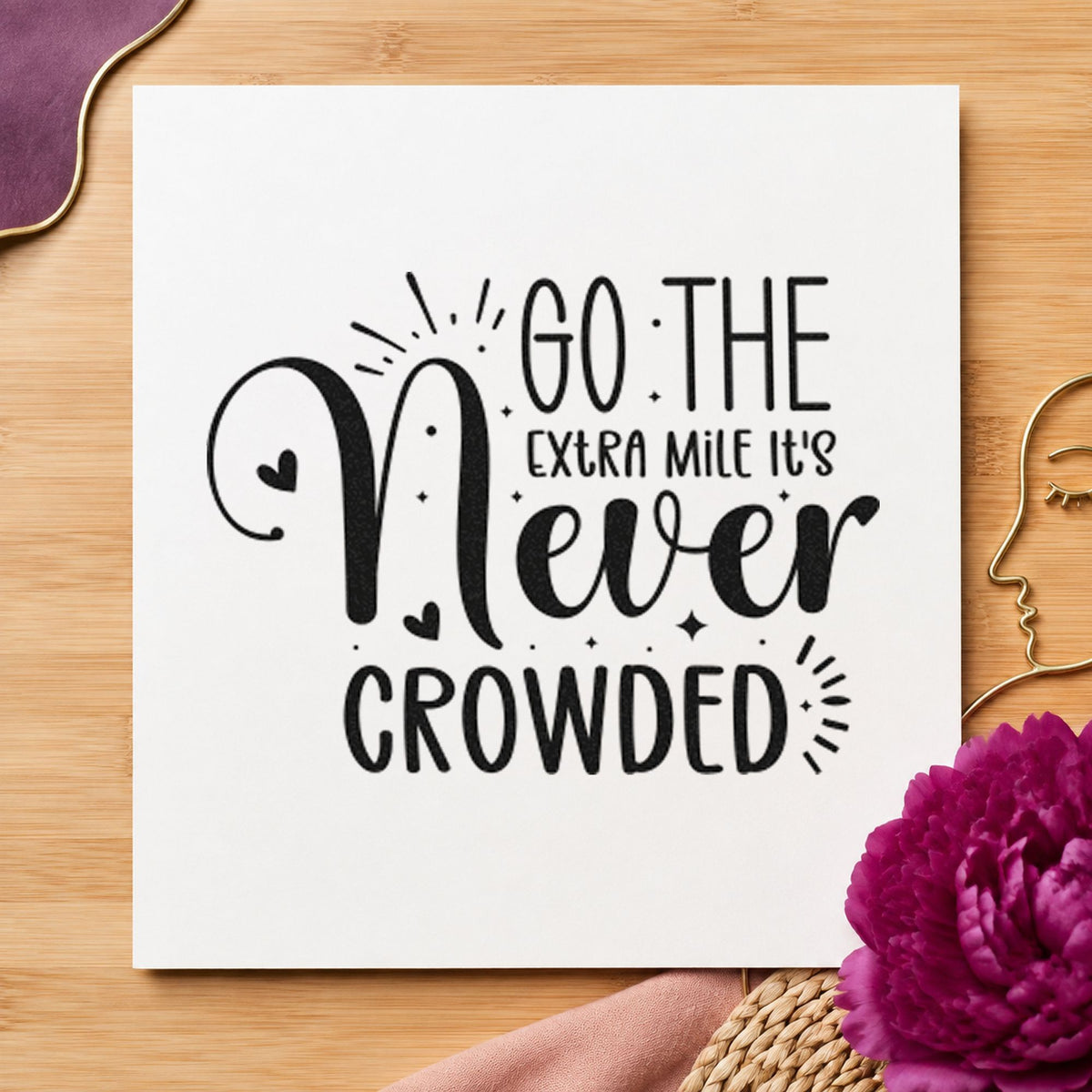 Go Extra Mile Never Crowded craft stamp in black ink on cardstock, an easy option for move season album page.