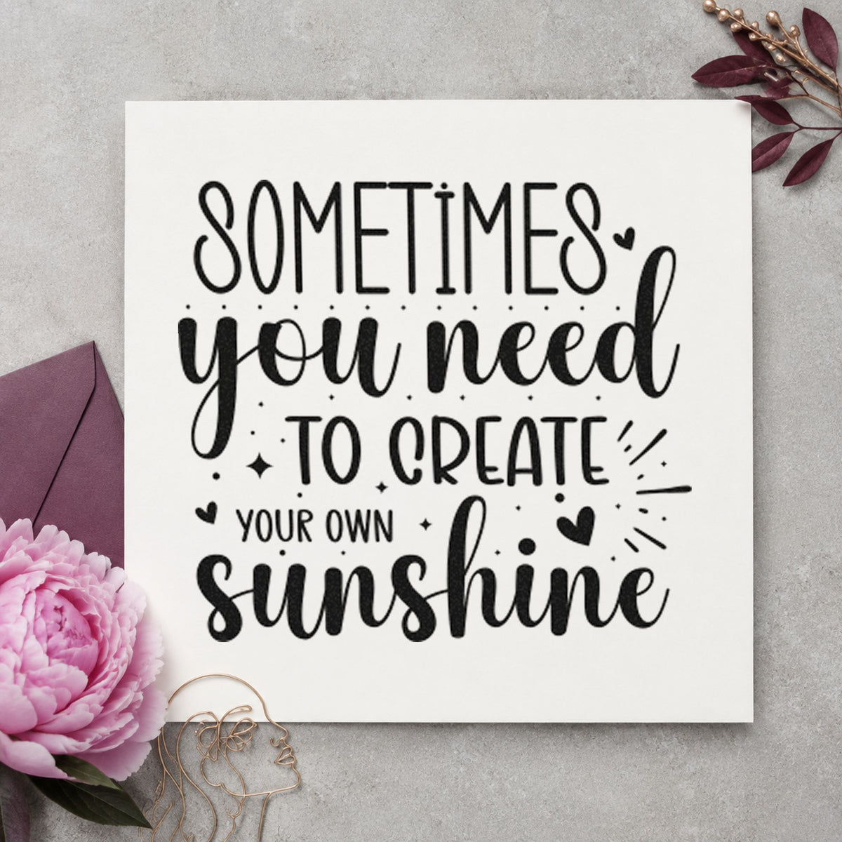 Create Your Own Sunshine craft stamp in black ink on cardstock, an easy option for winter album page.