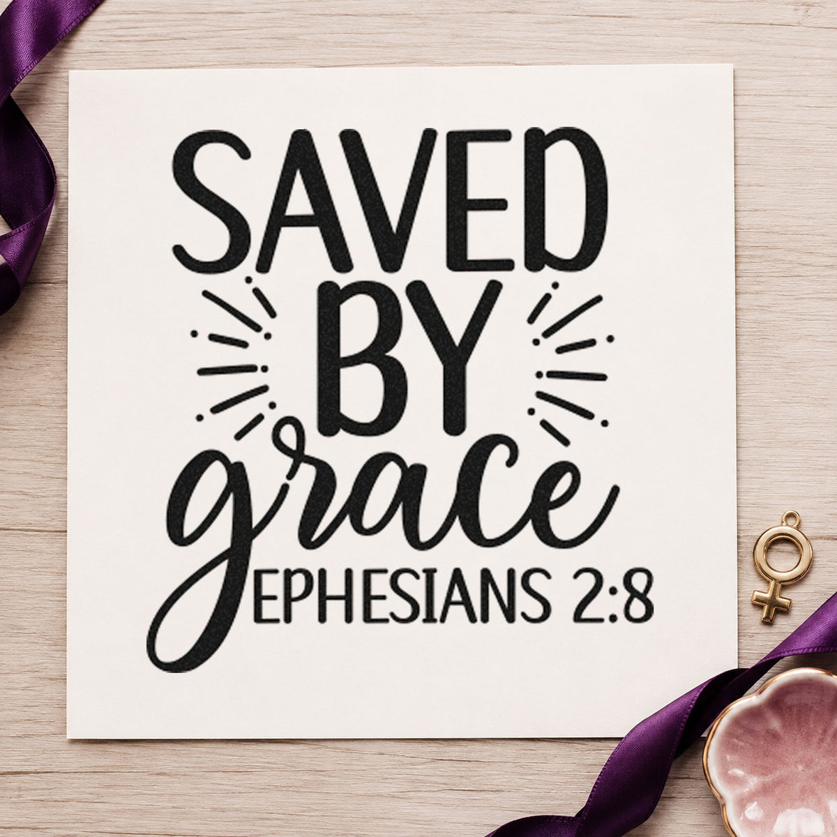Saved By Grace Ephesians rubber stamp printed in black ink, ready for radiating line cards and similar paper crafts.