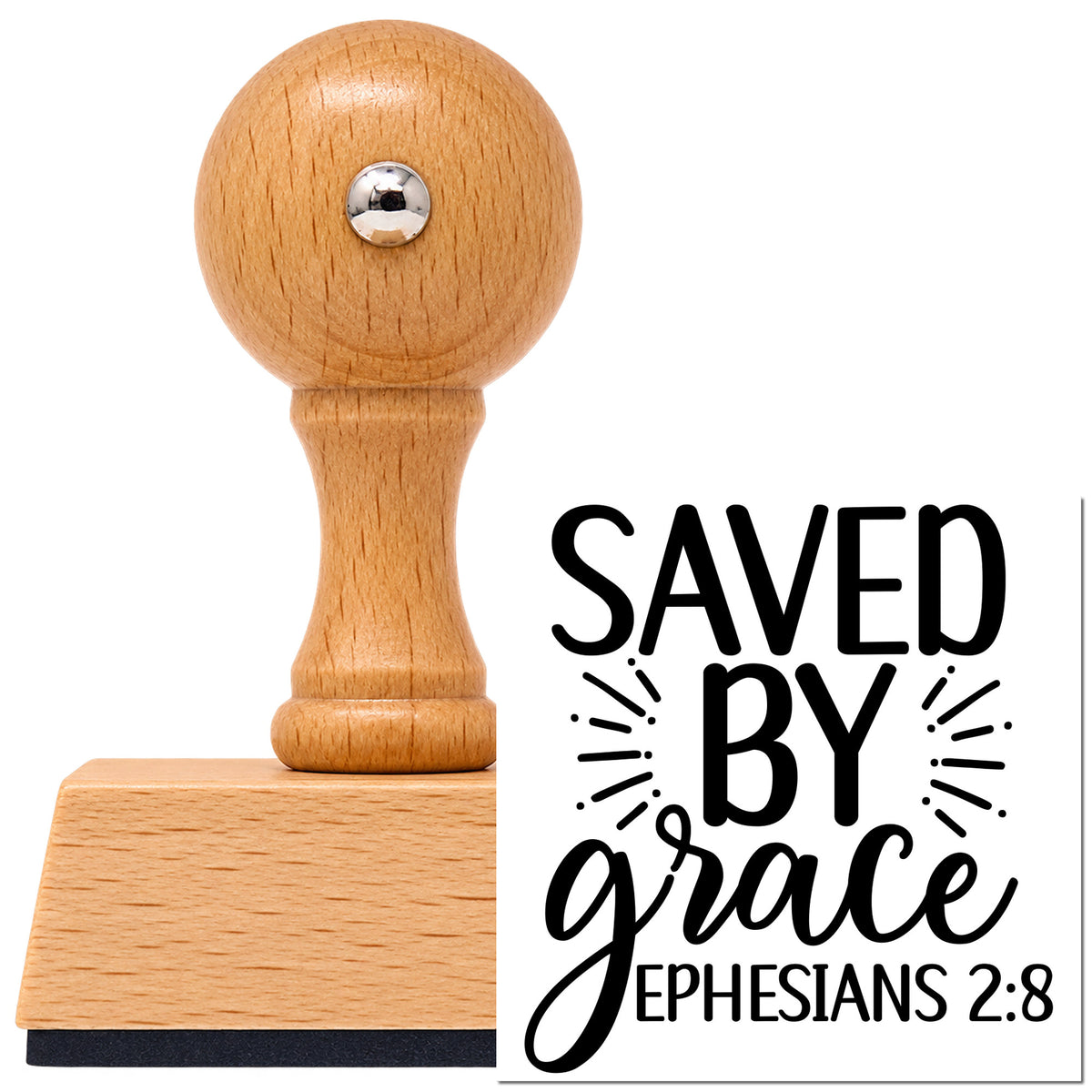 Saved By Grace Ephesians Lettering Vintage Pro rubber stamp in European beech wood with a round knob handle, shown beside its black imprint.