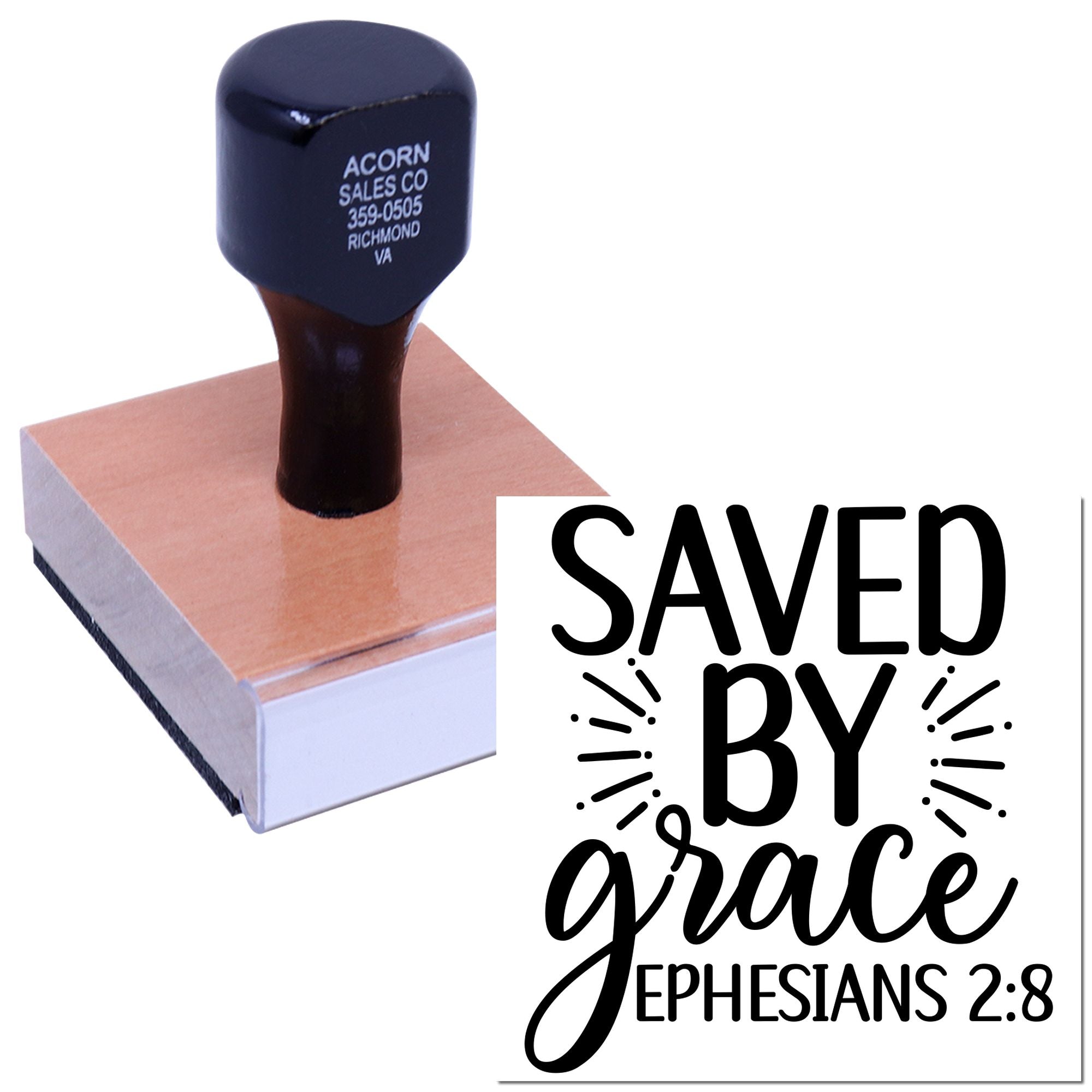 Custom rubber stamp with Saved by Grace and Ephesians 2:8 text, ideal for Christian crafts, church use, and Bible study.