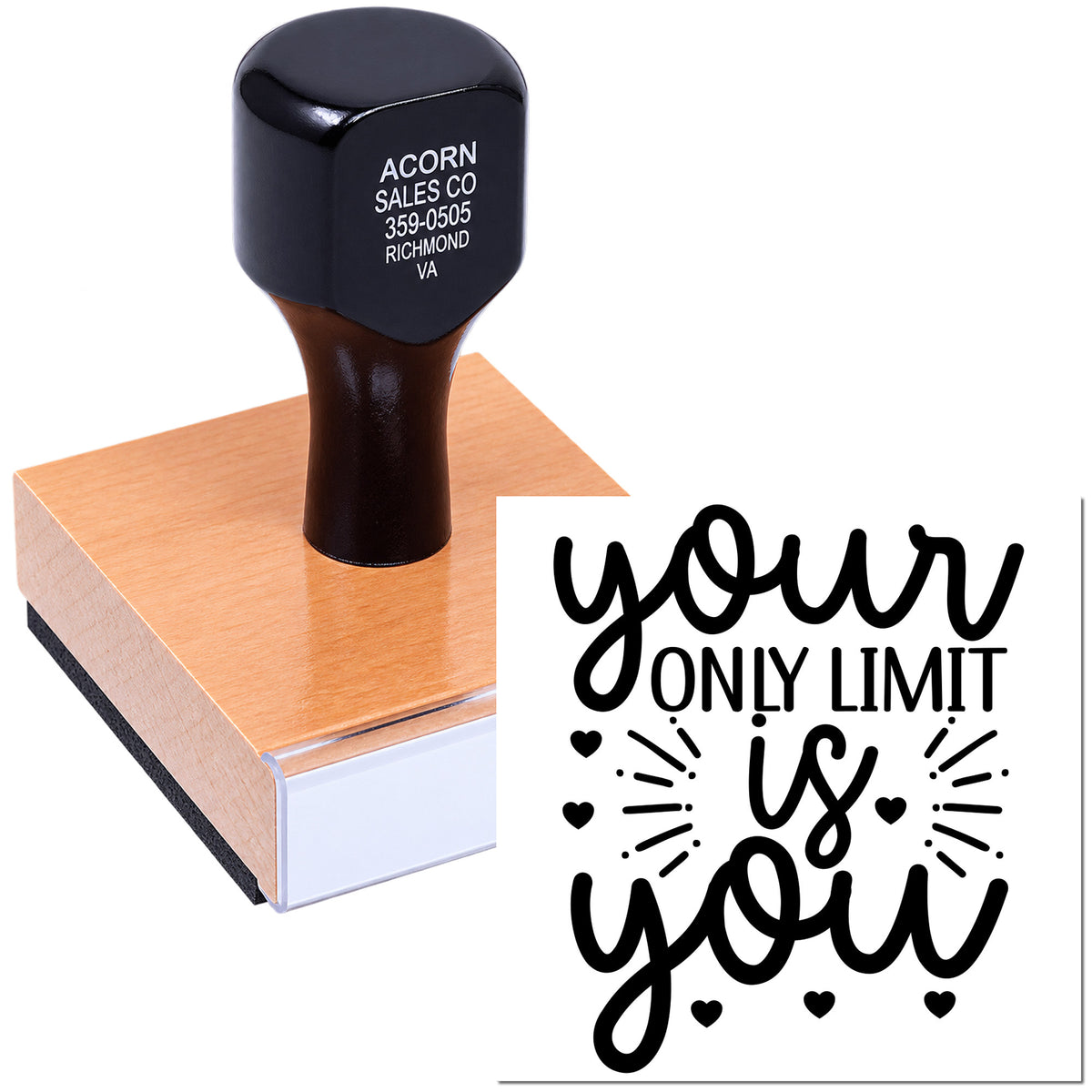 Inspirational rubber stamp with your only limit is you quote for motivational crafts, branding, and packaging.