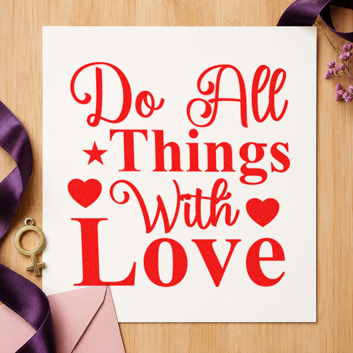 Do All Things With Love rubber stamp shown in red ink, stamped for projects such as shelf tool labels.