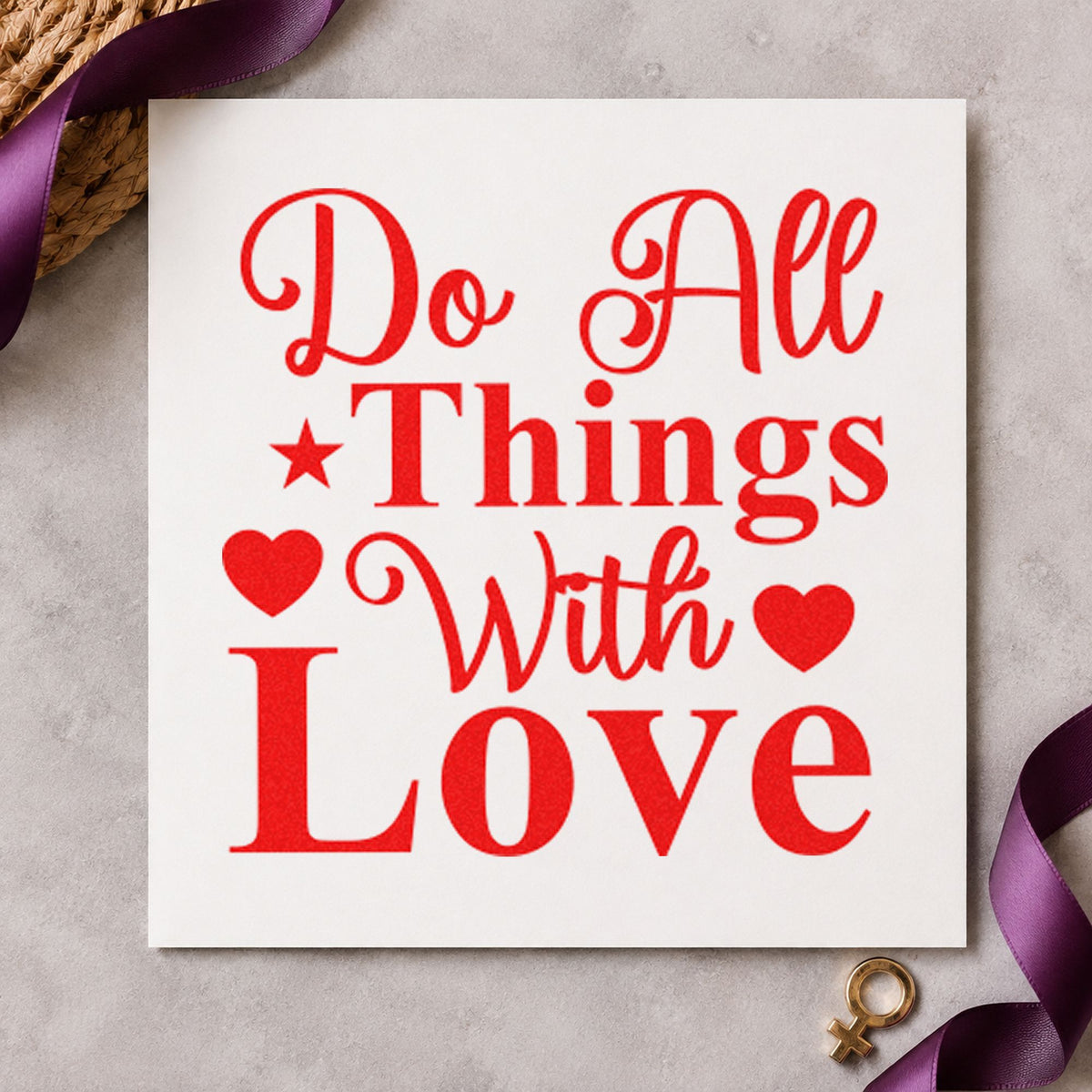 Do All Things With Love craft stamp imprint in red ink on a handmade project, one idea being tasting note cards.