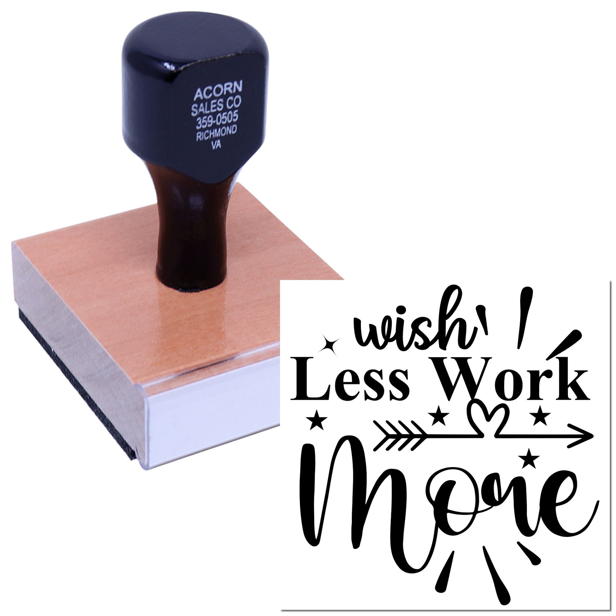 Personalized self-inking rubber stamp for business branding, shown with custom logo imprint and Wish! Less Work More design.