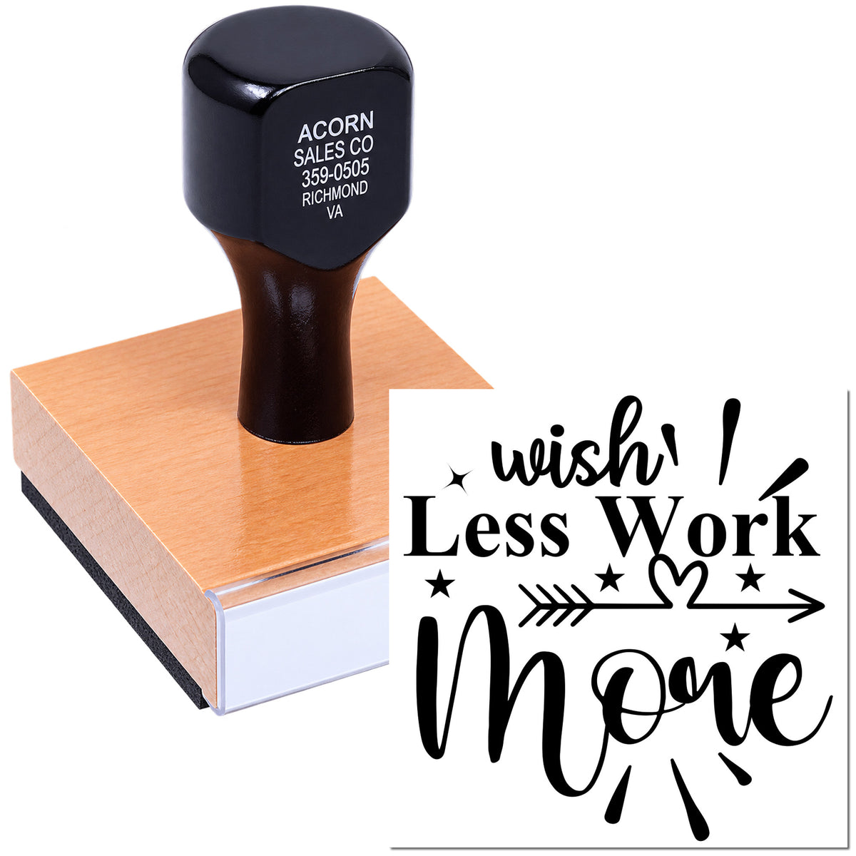 Personalized self-inking rubber stamp for business branding, shown with custom logo imprint and Wish! Less Work More design.