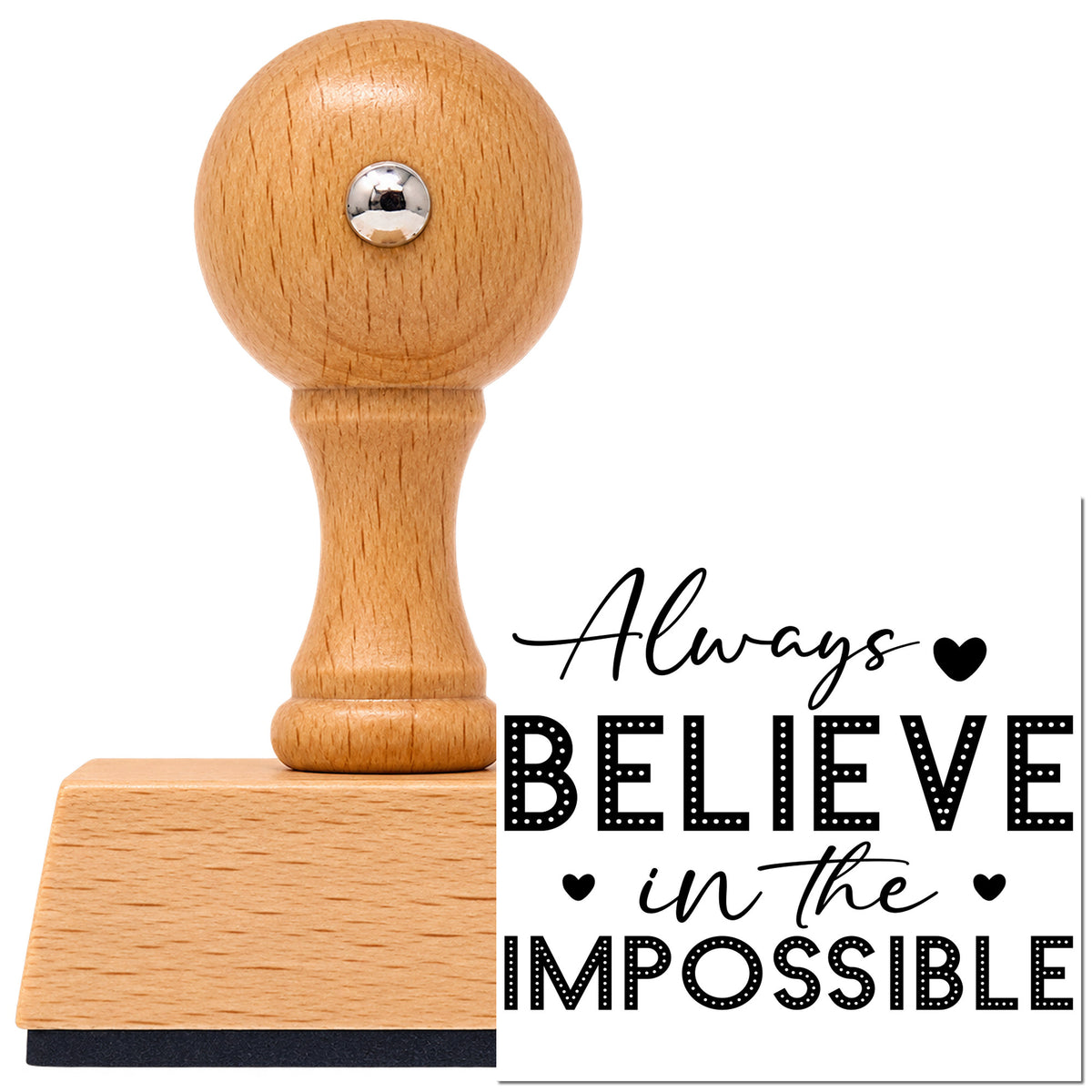Always Believe In Impossible Dots With Hearts Vintage Pro rubber stamp in European beech wood with a round knob handle, shown beside its black imprint.